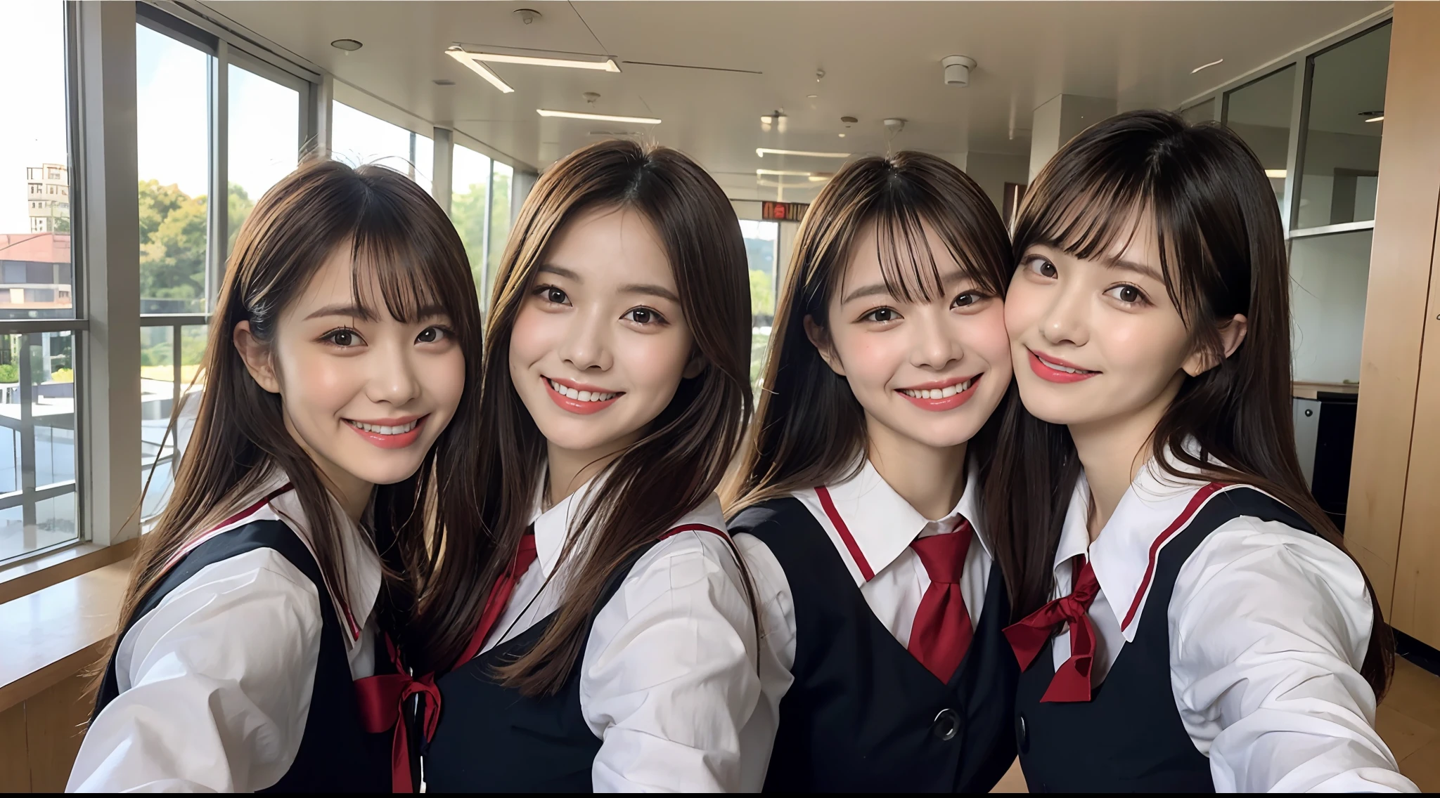 (8K、Raw photography、top-quality、masterpiece:1.2)、ultra-detailliert、ultra res、(hyper reality、)ultra-detailliert、ultra res、(realisitic、Real Photographics:1.47)、(Hugging each other)Leaning closer、(Fantastic lighting)Hugging、电影灯光、de pele branca、Fair-skinned female proofreading、heart mark、A corridor full of hearts、heart mark、An ultra-high picture quality、Stylish lighting、Beautiful female proofreading reflecting in light、amazing detailed、Beautiful girls in very detailed、Faces with different patterns、Different face patterns、Each hairstyle has its own characteristics、Farbe々Hairstyle、Farbe々Hair color、Circle of Angels、Having a conversation in a classroom at school、Brown hair shining in the light、One has a ponytail、、Modern cute high school girl、very detailed faces very detailed eyes、Very realistic skin、 extremely detailed fingers, highly detailed nose, highly detail mouth, perfect anatomia, Highly detailed sailor suit、highly detailed back ground,After school、Smiling school girls are gathered in the hallway of the school。They are hugging each other in uniform、Light from bright windows illuminates the classroom、The details of their hair and uniforms shine through.。, famous Japan idol, cute little, Realistic body, de pele branca, glistning skin, Slim body, Long straight hair, (Blunt bangs:1.2), two young women in school uniforms hugging each other in a hallway, two japanese schoolgirls posing, nixeu and sakimichan, TWICE, Seifuku, sakimichan, JK Uniform, wearing japanese school uniform,