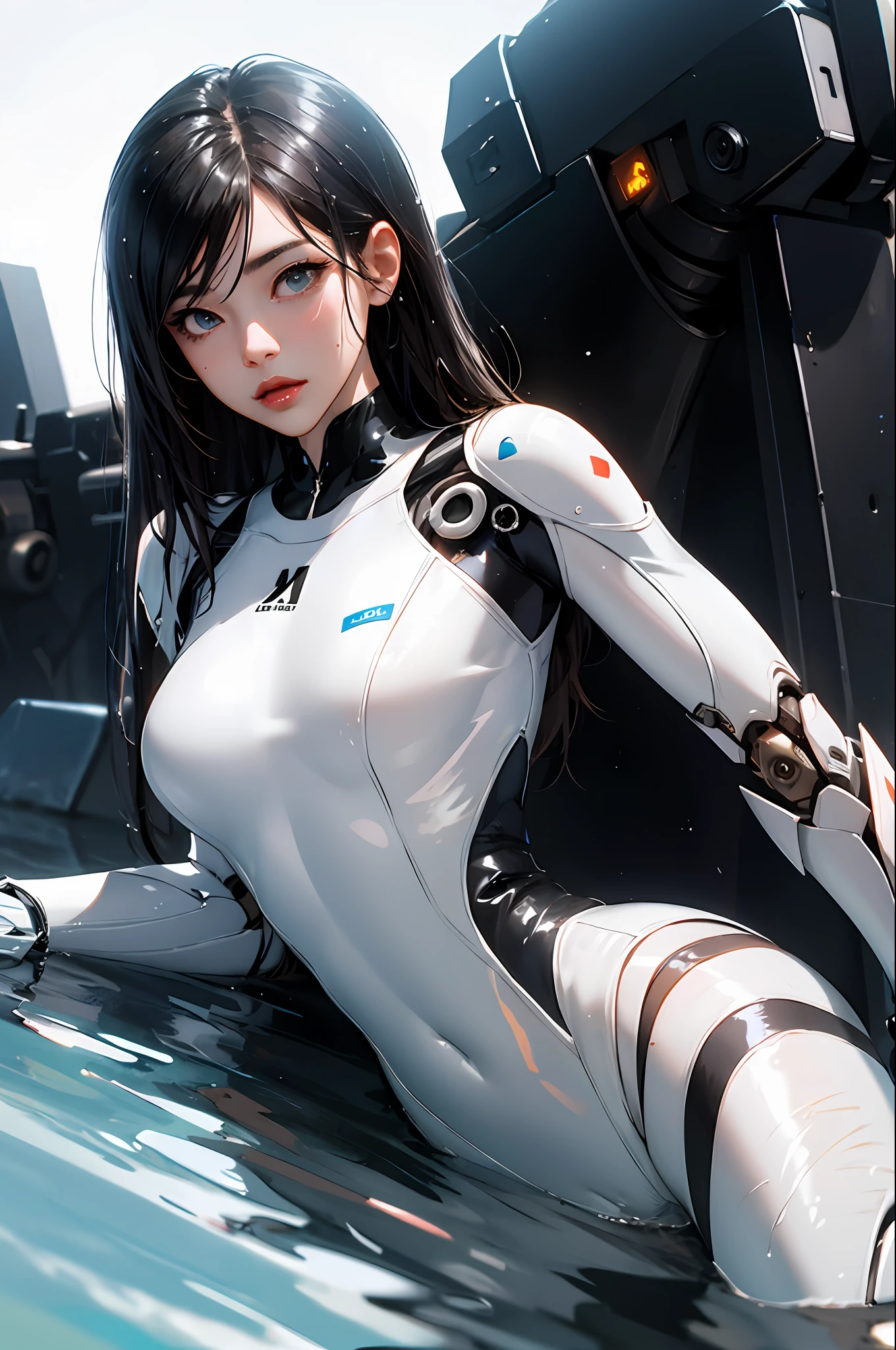 Allah woman in white wetsuit sitting in puddle, glossy wet skin!!, wet shiny skin, liquidmetal, Beautiful Female Android!, perfect android girl, Seductive Anime Girl, biomechanical oppai, cyberpunked, Drenched body, Latex skin, Wet look