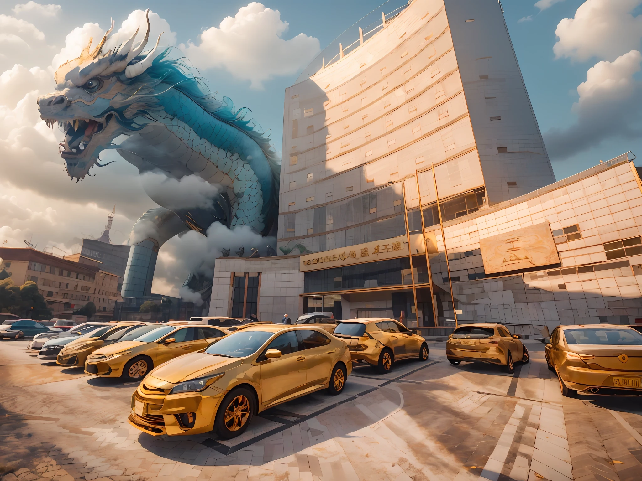 IvoryGoldAI，There are Chinese dragons in the sky，There are Chinese dragons in the clouds，chinesedragon，Clouds，A Chinese dragon flew out from behind the building，Chinese dragons surround the building，Chinese dragon-shaped cloud