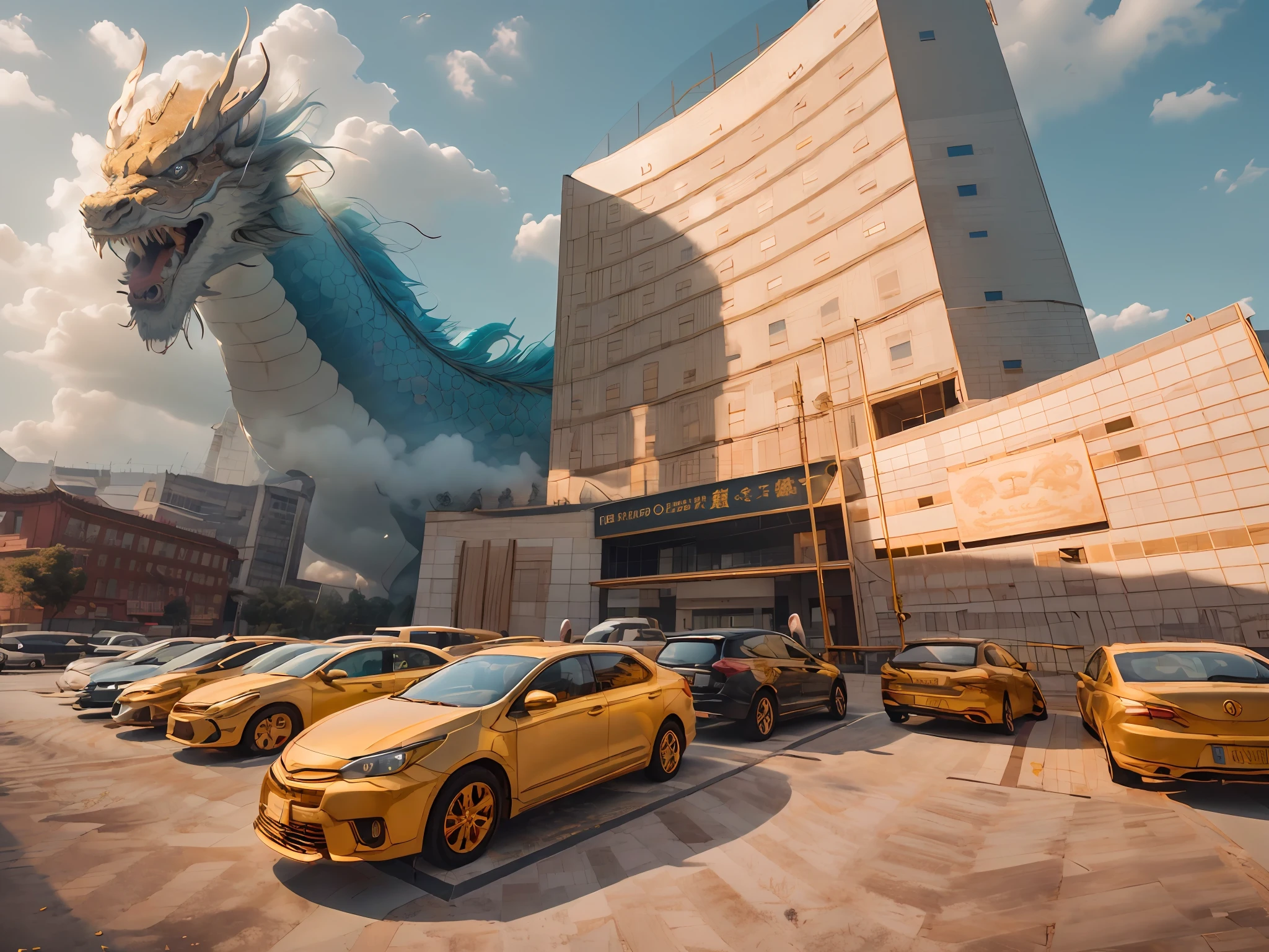 IvoryGoldAI，There are Chinese dragons in the sky，There are Chinese dragons in the clouds，chinesedragon，Clouds，A Chinese dragon flew out from behind the building，Chinese dragons surround the building，Chinese dragon-shaped cloud