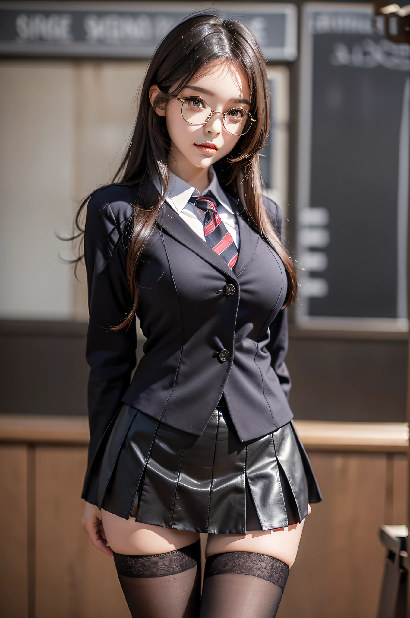 Pretty girl standing, thin legs, high heels on the ground, classroom, (masterpiece:1.3), (8k, photorealistic, RAW photo, best quality: 1.4), (1girl), beautiful face, (realistic face), black hair, long hair, beautiful hairstyle, realistic eyes, pretty detailed eyes, realistic skin, beautiful skin, super high resolution, super realistic, very detailed, golden ratio, cute, cute female teacher, high school girl in jk uniform, surreal high school girl, short skirt, tight skirt, pantyhose, black stockings, full body view, thin arms, big breasts, with gold wire glasses