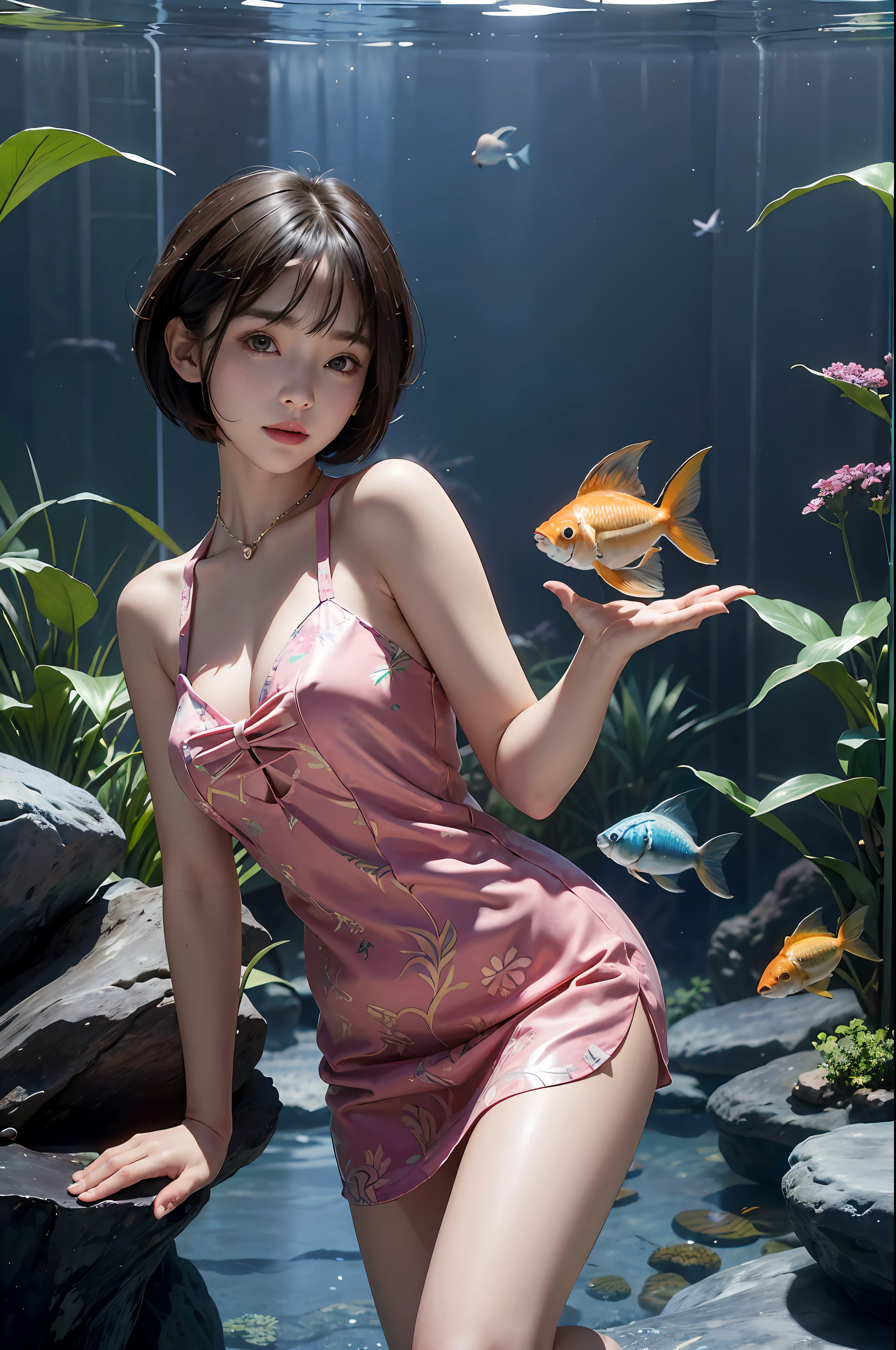 (((a 20 yo woman)))、((aquariums))、masterpiece, 1 beautiful girls, (((very_Short_hair))), Eye details, Swollen eyes, Top image quality, 超A high resolution, (Realistis: 1.4), OriginalPhotographs, 1girl in, Cinematographic lighting, japanes, very beautif, Beautiful skins, (A hyper-realistic), (hight resolution), (8 K), (ighly detailed), (The best illustrations), (beautifully detailed eyes), (ultra-detailliert), A detailed face, look at a camera, Facing straight ahead, Neat Clothing, shorth hair、A dark-haired、46-point diagonal bangs、((aquariums))、Lots of fish、tropical fish