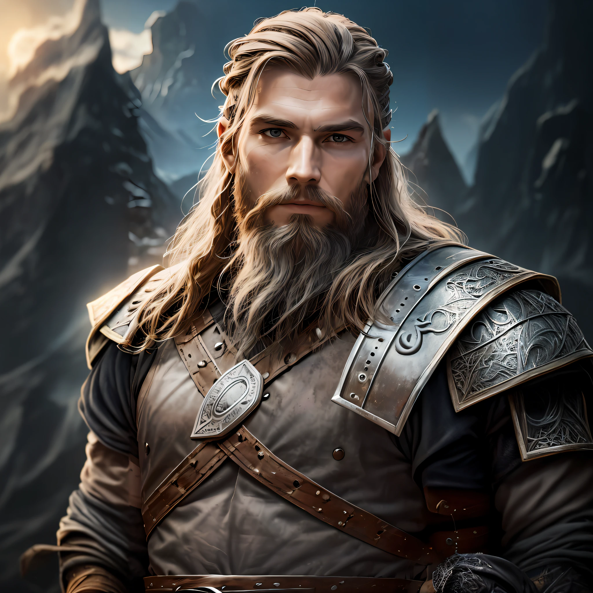 homem arvoroso com cabelos longos e barba usando uma roupa de couro, Retrato pintado de Odin acidentado, Retrato de um viking, retrato masculino do deus svarog, retrato masculino da fantasia, Um retrato de um elfo masculino, portrait of an elven warrior, retrato do personagem da fantasia, imagem de um guerreiro masculino adulto, epic fantasy art portrait, retrato de arte conceito de fantasia, norse warrior