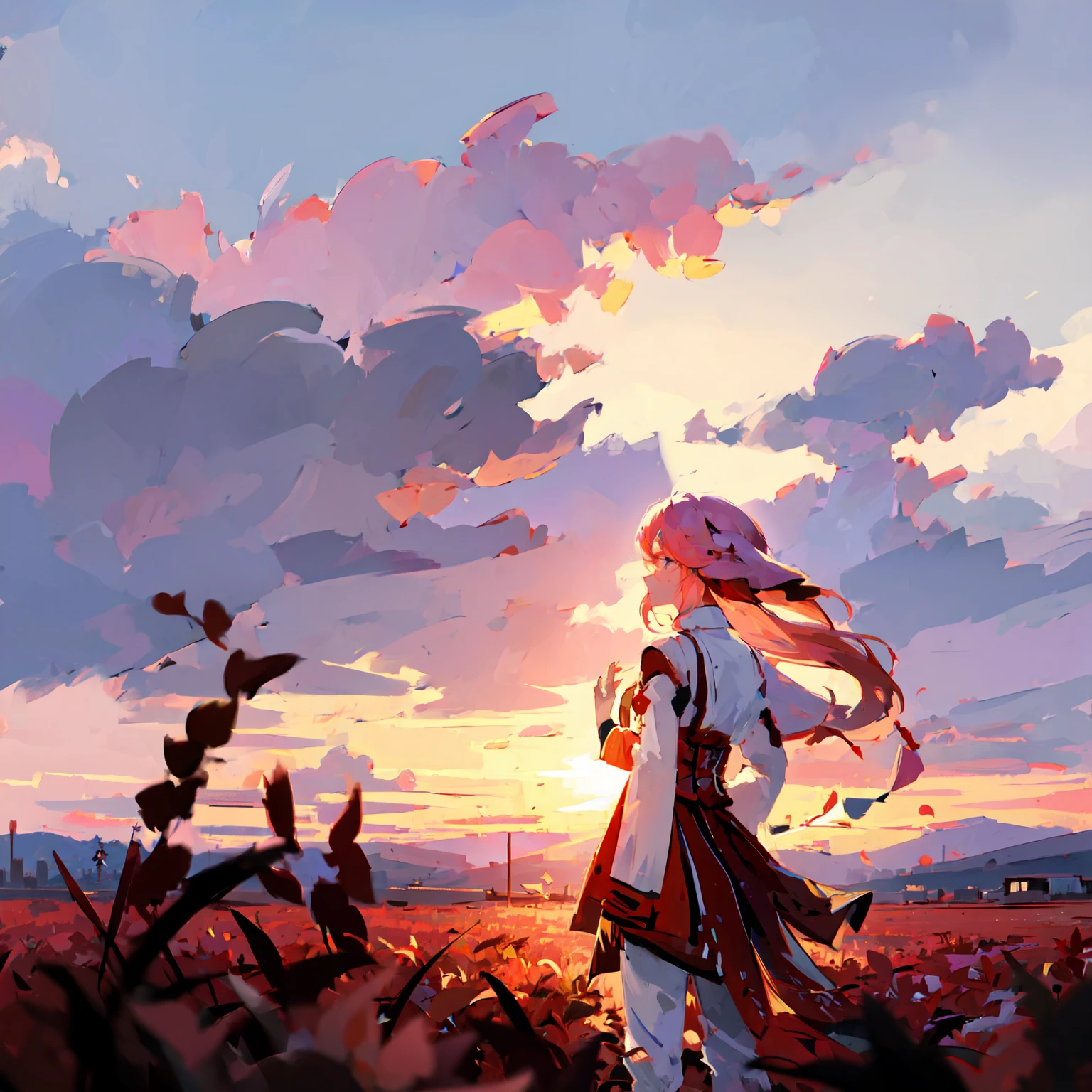 girl standing in field, closeup, portrait, clouds, sunrise