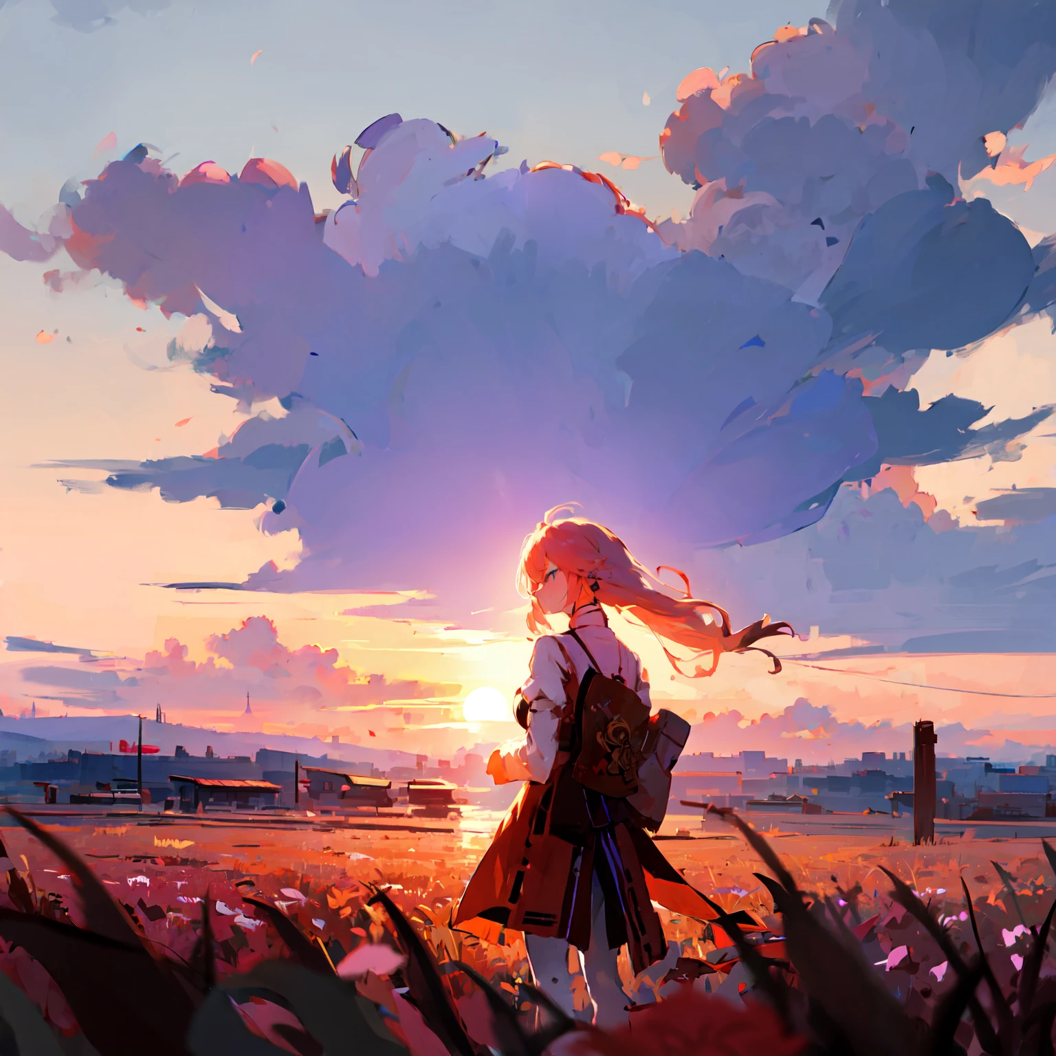 girl standing in field, closeup, portrait, clouds, sunrise