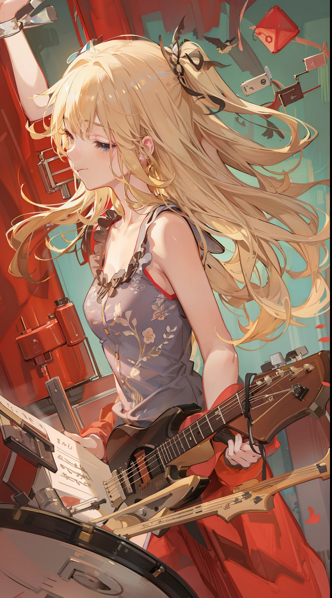 Girl in a dream。Blonde long-haired。Wearing red clothes。It's a rock band。Drumming。Music notes are flying around。It is an illustration of the highest quality
