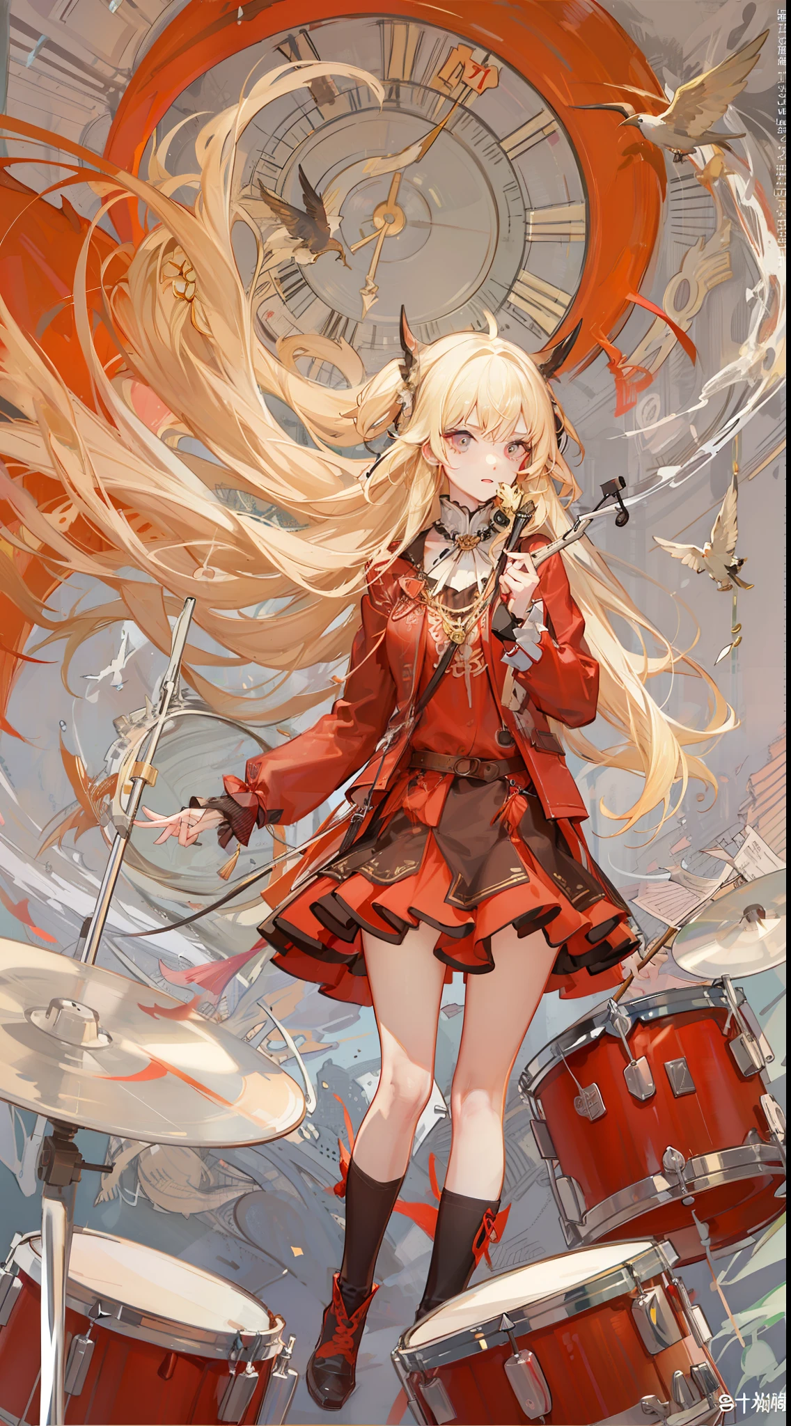 Girl in a dream。Blonde long-haired。Wearing red clothes。It's a rock band。Drumming。Music notes are flying around。It is an illustration of the highest quality