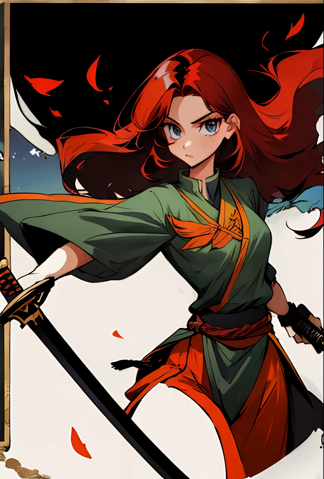 Red-haired, Long-haired, Swordsman, 1 female, Medium Tits, Pose with a sword