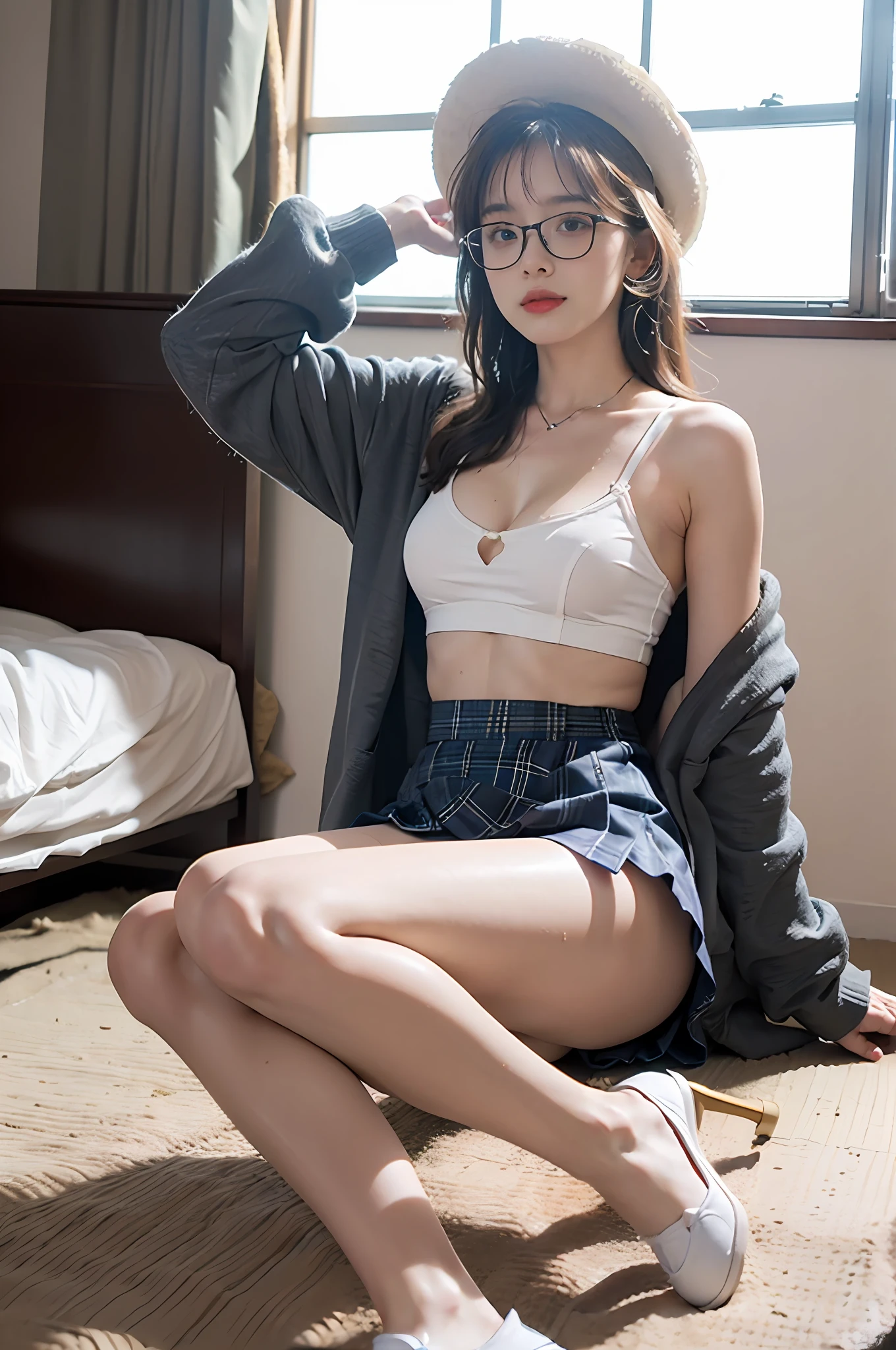 (8K, RAW photo, Top quality, Masterpiece: 1.2, Realistic, Photorealistic, High contrast, photon maping, photon maping, Photorealistic, Ultra-detailed, Professional lighting, Low angle: 1.2), (1 girl), (Solo: 1.5), (Full-body), (height of 165cm), (18-year-old schoolgirl), (sobu), (Lie down in bed), (Japan high school uniform and designated shoes), (Student coats: 1.2), (Short plaid skirt: 1.5), (White camisole for students), (tie: 1.2), (squatt，Crotch Spread Wide，looking to the front), (Skirt flipping up), (M-shaped legs), (180 degree leg open), (Crotch open: 1.2), (light brown medium hair), (see-through wet white panties: 1.5), (camel-toe), (Black loafers: 1.5), (beautfully face: 1.3), (Perfect proportions: 1.2), (Long legs: 1.2), (small: 1.3), (Panties visible from under skirt: 1.3), (Female Pubic Hair Clearly Visible: 1.4), (Pubic hair: 1.4), (with no underpants: 1.2), (Textured skin)，high-heels，ssmile，Keep one's mouth shut，cleavage，Expose one shoulder，round frame glasses，bucket-hat