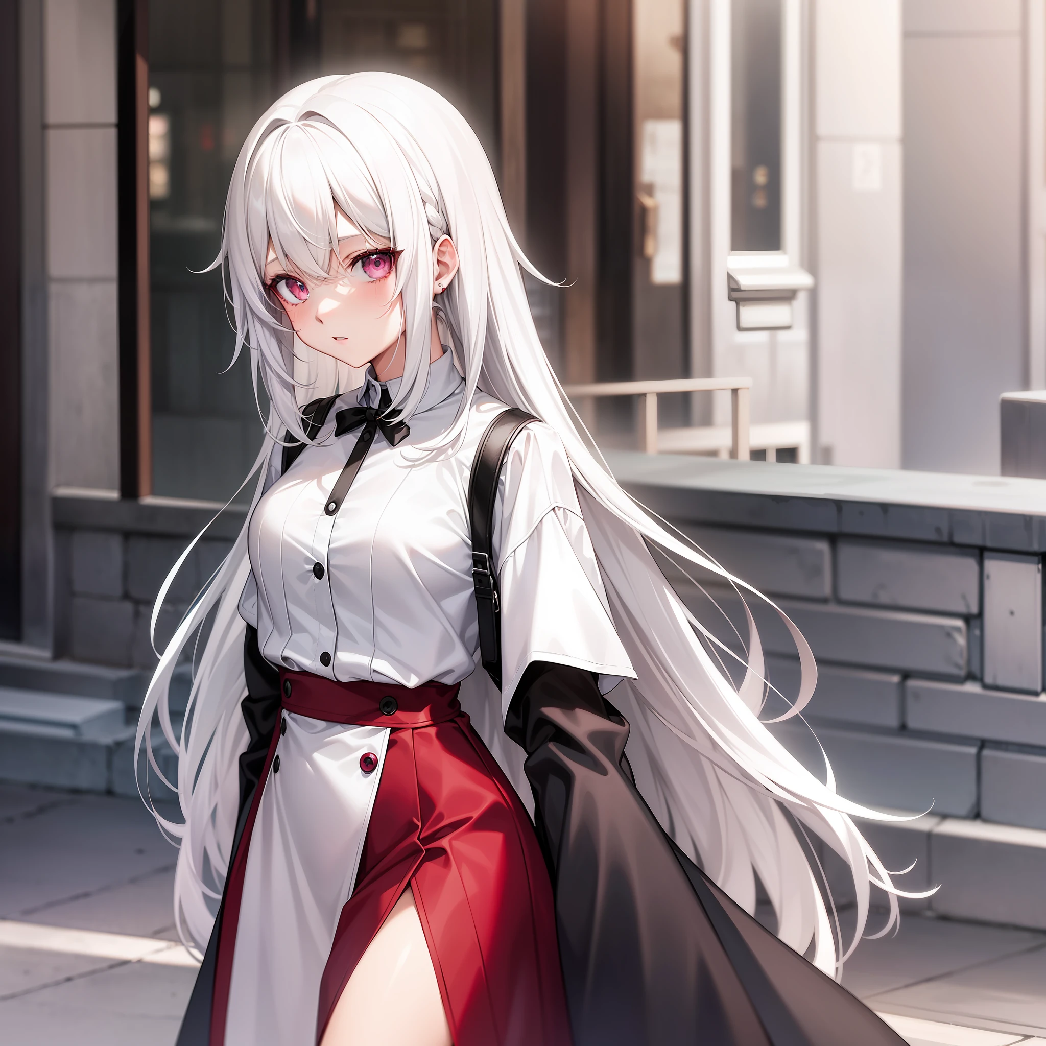 s girl,White hair,Maroon eyes,Blackn clothes,exteriors