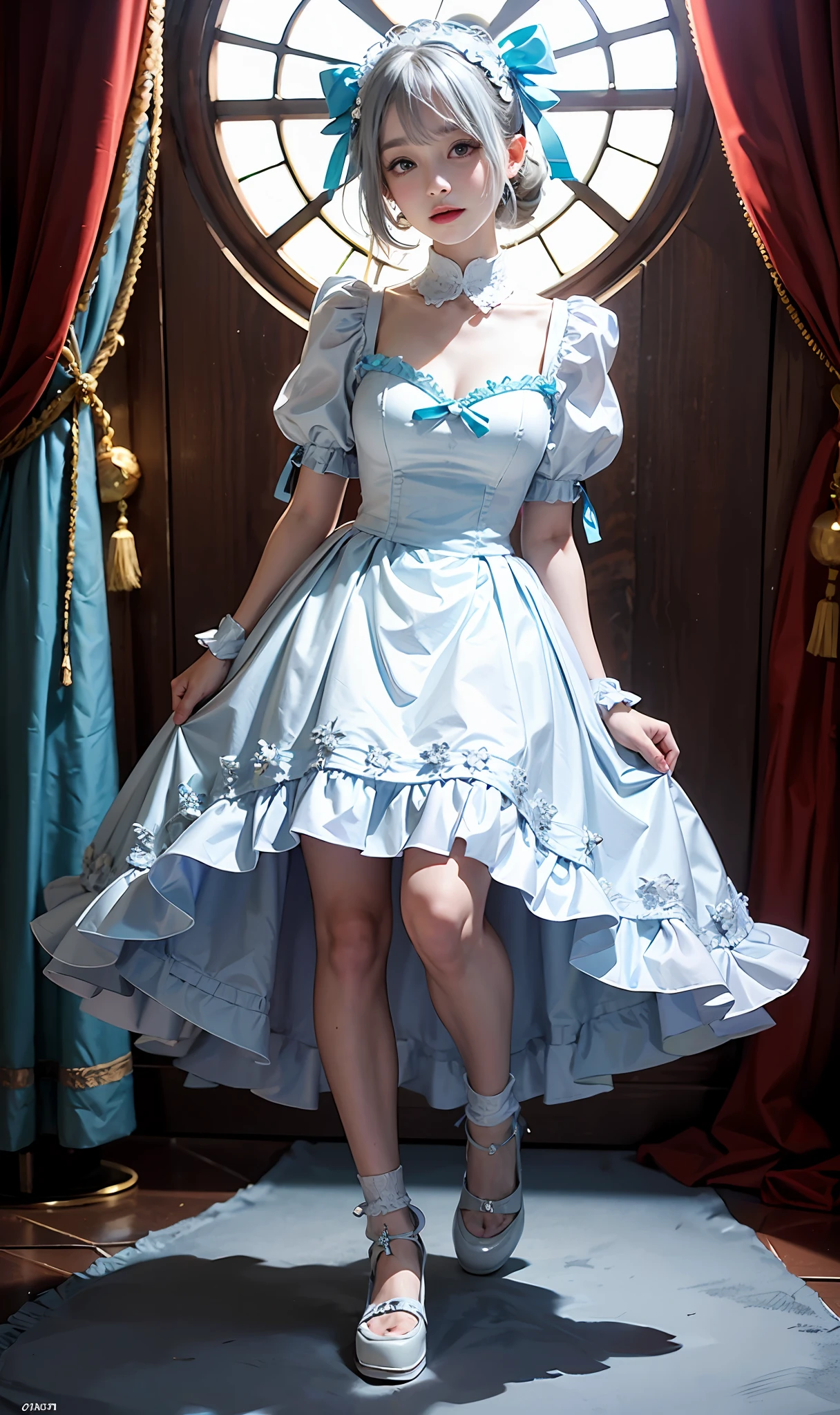 Alafed woman in white dress and black shoes poses for photo, angelic pretty, ta style, lolidress, by Ayami Kojima, white monochrome color!!!!!, Cute dress, pale-blue, White Dress!! of silver hair, Lolita Fon, maid dress, white and pale blue, Kawaii Style, cosplay of a catboy! maid! Dress、White short ankle-length socks