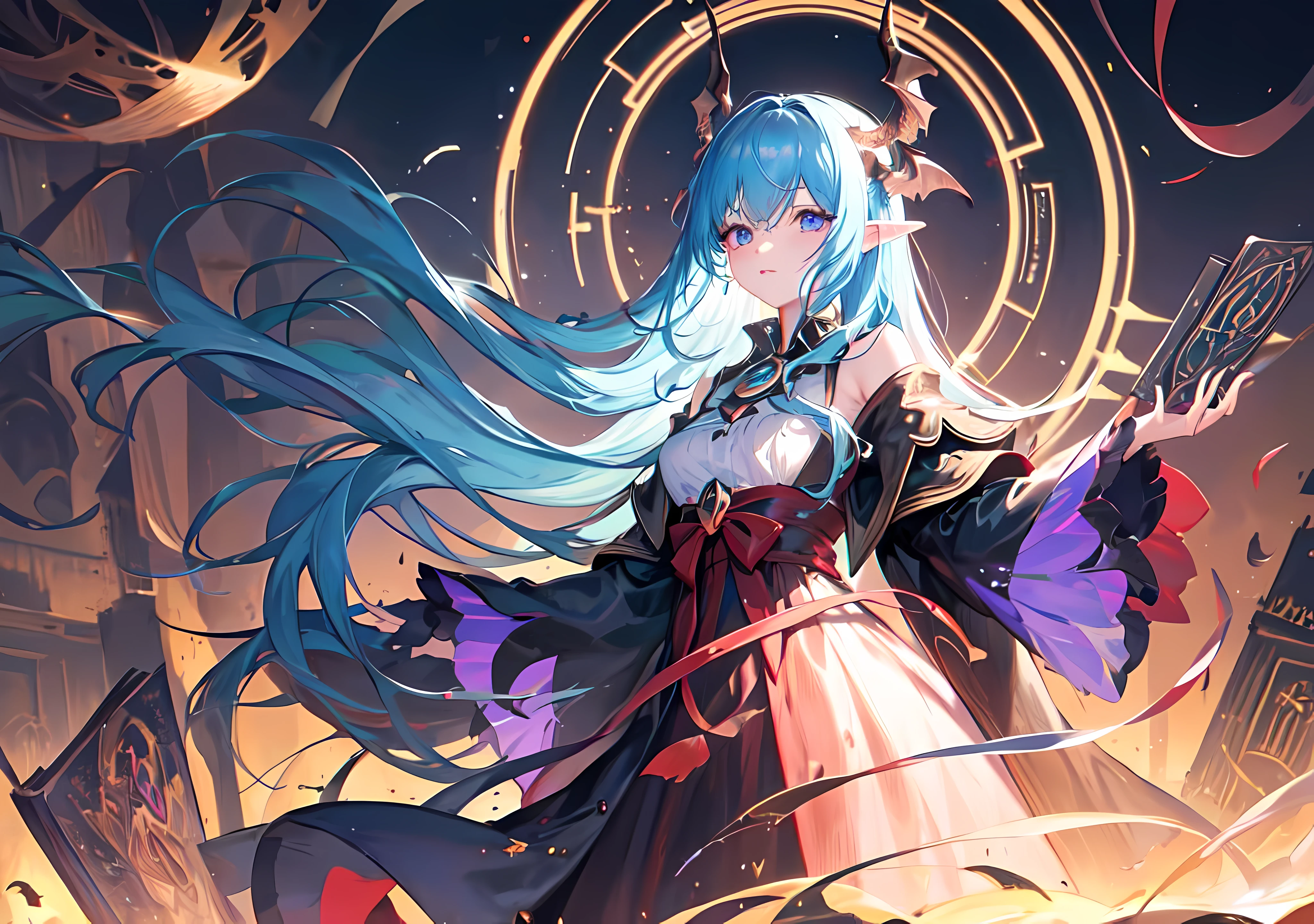 death,blood,night, dark, (Fantasy),Infinite,deep blue sky,The abyss of knowledge,knowledge,((masterpiece)), (((best quality))),((beautiful detailed eyes)),(eyelash),Monster,(1 girl),blue hair,long hair,abyss eyes,Shiny skin,oil,small breast,(bird body,feather),Wearing Rags of cloth, Tzeentch,elf,extremely detailed CG unity 8k wallpaper,masterpiece, ((ultra-detailed)), ((illustration)),colorful,wallpaper,energy,Unknown terror,arcane,Around the magic,magic surrounds,magic rod,book,pages flying all over the sky,Know it all,Predicting the Future,Know the past,Infinite wisdom,blue flame,Warlock,Magical Circle,Pentagram,incantation,mantra,Singing magic,solo,1 girl