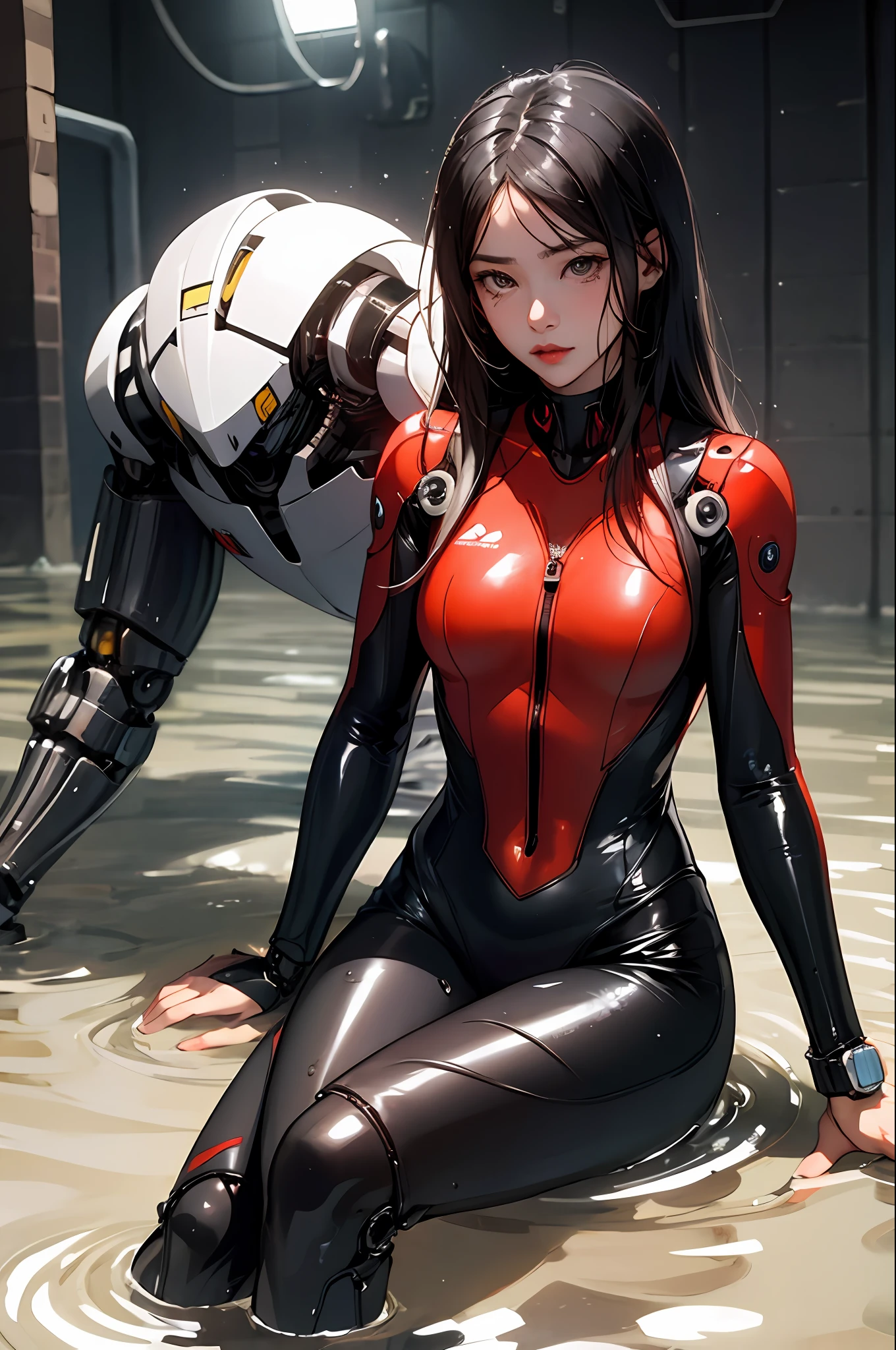 Allah woman in red wetsuit sitting in puddle, glossy wet skin!!, wet shiny skin, liquidmetal, Beautiful Female Android!, perfect android girl, Seductive Anime Girl, biomechanical oppai, cyberpunked, Drenched body, Latex skin, Wet look