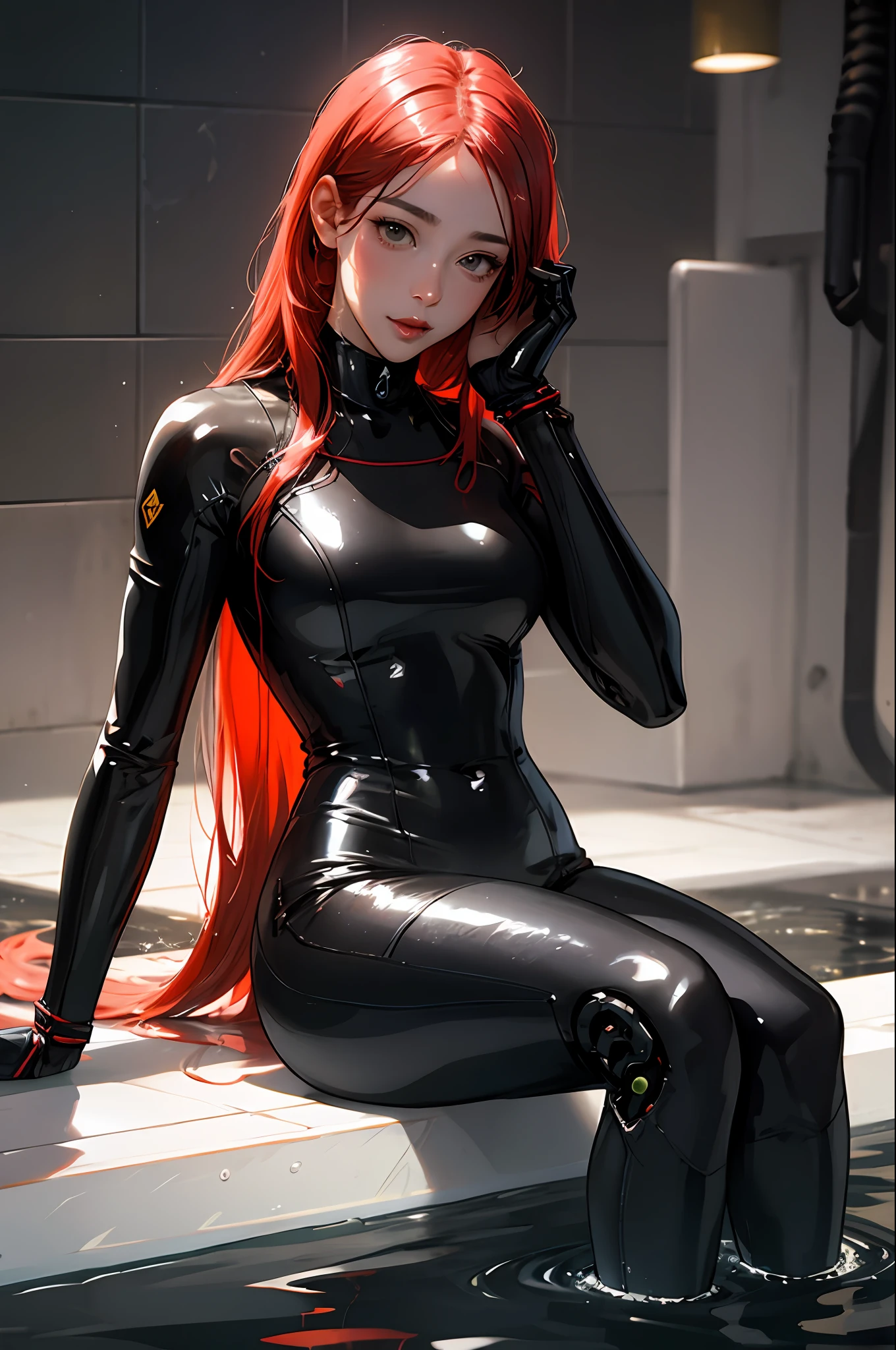 Allah woman in red wetsuit sitting in puddle, glossy wet skin!!, wet shiny skin, liquidmetal, Beautiful Female Android!, perfect android girl, Seductive Anime Girl, biomechanical oppai, cyberpunked, Drenched body, Latex skin, Wet look