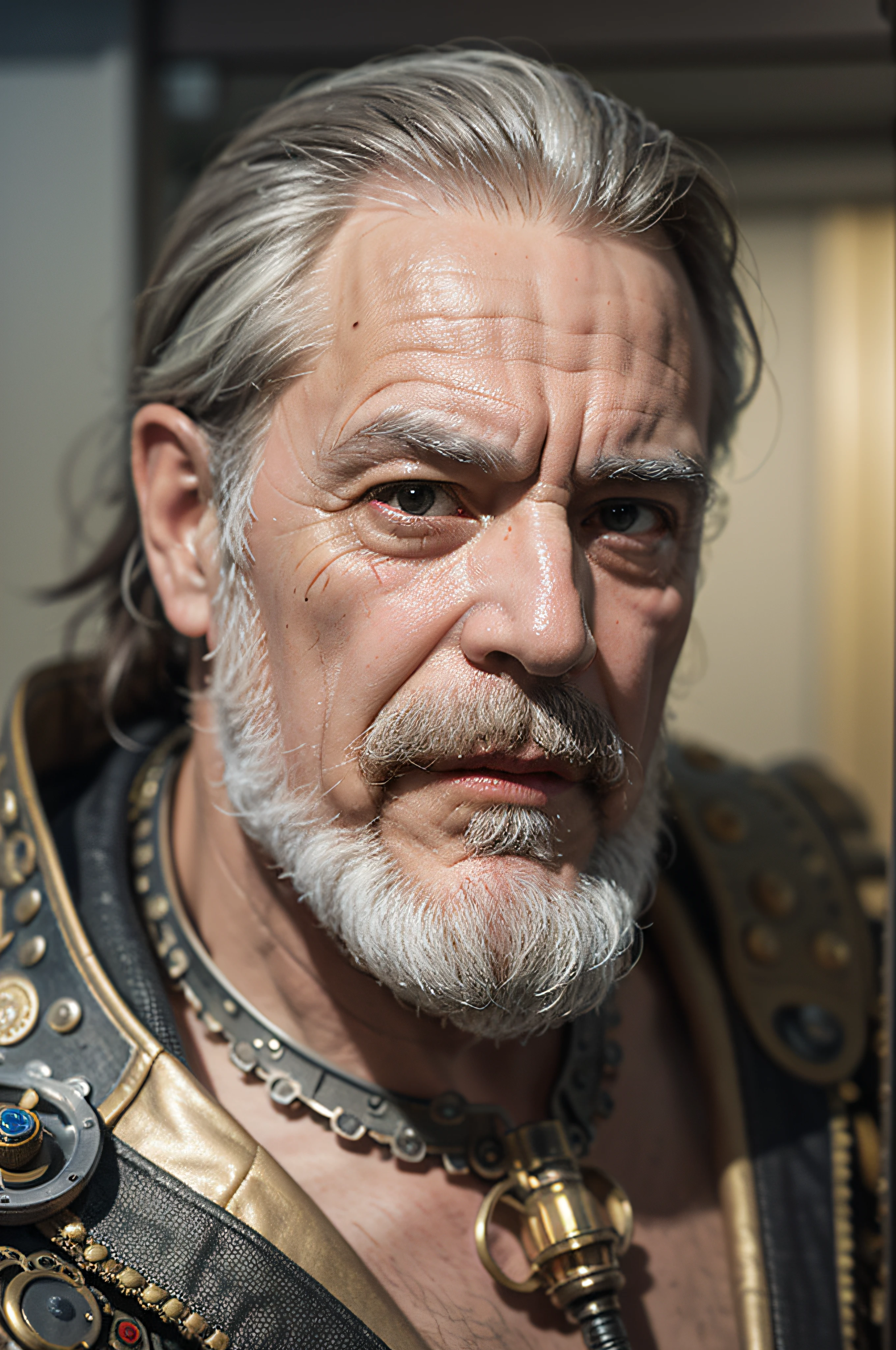 ((Masterpiece))), ((Best Quality))), ((Ultra Detailed)), (Surreal), (Highly Detailed CG Illustration), Cinematic Light, Realistic, Handsome Old Man, (Wrinkled Face and Beard), Intricate Details, Full View, Weapon, Robotic Arm, Cinematic Quality, Full Body, Short Black Hair, ((Steampunk))