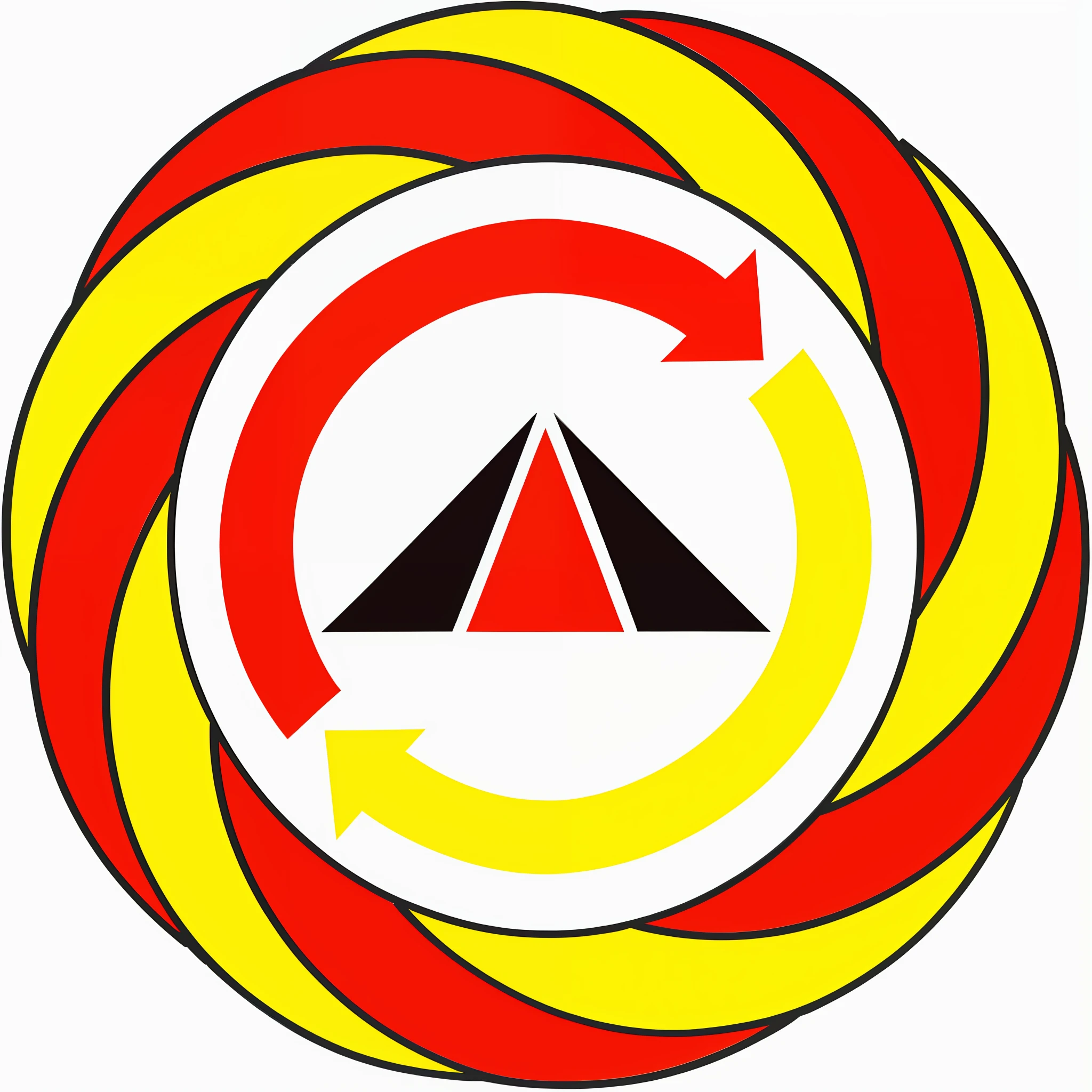 a closeup of a circular with a red triangle and a yellow triangle, Triangle within the circle, esquema vermelho amarelo, simbol, esquema preto e amarelo e vermelho, esquema vermelho e amarelo, vermelho amarelo preto, circular logo, logotipo redondo, vermelho amarelo, Rojava, rotary symmetrical, arte do logotipo, ancient symbol behind it, logotipo sem texto, Ivan Boliviano