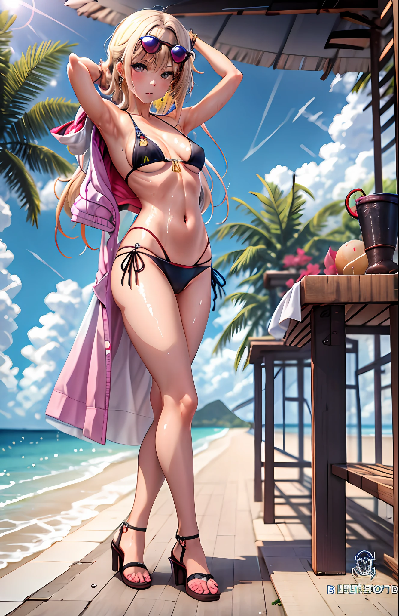 seios gigantescos, Seios enormes, seios grandes, piscina, oceano, water, glasses on head, Vadear, 1girl, sun glasses, Praia, Poolside, horizonte, sbikini, boat, roupa de banho, seios, Costa, pier, Small bikini with side tie, dia, sozinho, nail polish, blonde hair, Caudas duplas, cabelos longos, escada da piscina, caustics, Brincos, heaven, watercraft, pelos pubianos femininos, ao ar livre, vagina aparecendo, Olhando para o Viewer, pubic hair, jewelries, lago, grading:questionable, Wet