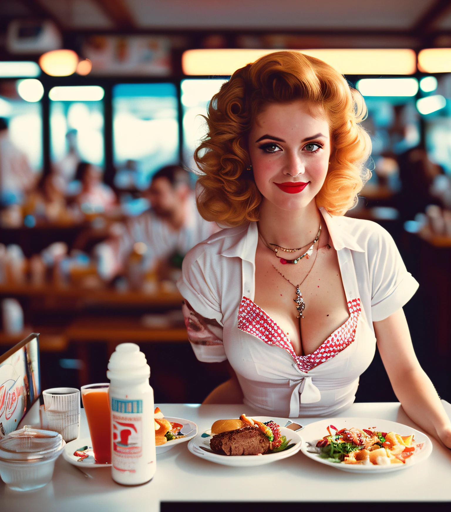 (masterpiece) high detailed RAW, a waitress in an 80s diner, pinup, art style, kodak portra 400, cinematic, (smiling:0.6), (closeup:0.8), perfect fingers
 hassanfantasy style