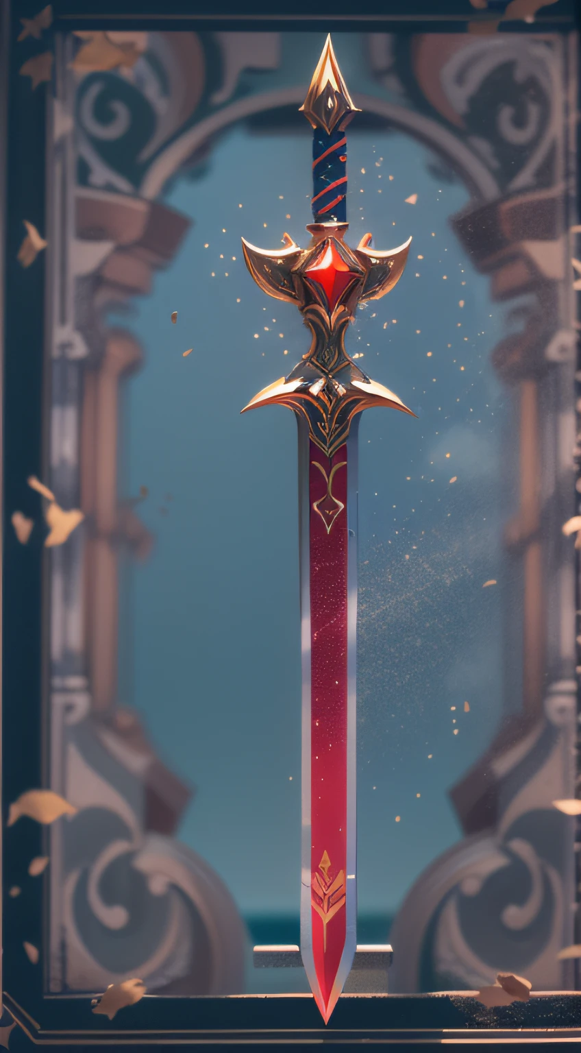 Excalibur，The body of the sword is wrapped with red and blue particle effects，Edge，Delicate sword hilt，Sharp sword body，（The sword body is symmetrically ornamented：1.3），The tip of the dangling sword is downward，（Excalibur's entire body is centered：1.3），Mid-range close-up，dreamlike landscapes，Ultra photo realsisim，super-fine，8K,Premium wallpapers，Highest image quality，3D,C4D,Master masterpieces，octaneratingrendering