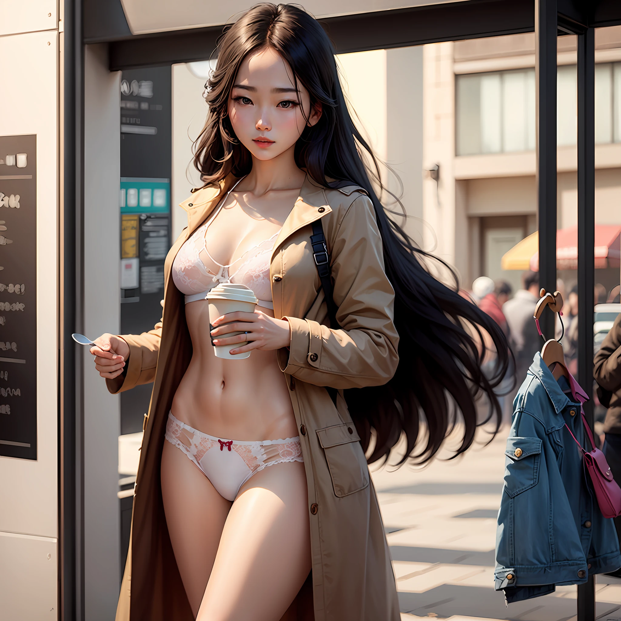 Korean girl, long hair, high quality, masterpiece, cute, perfect body, cute face, (fotorealistic), coffee, underwear with coat