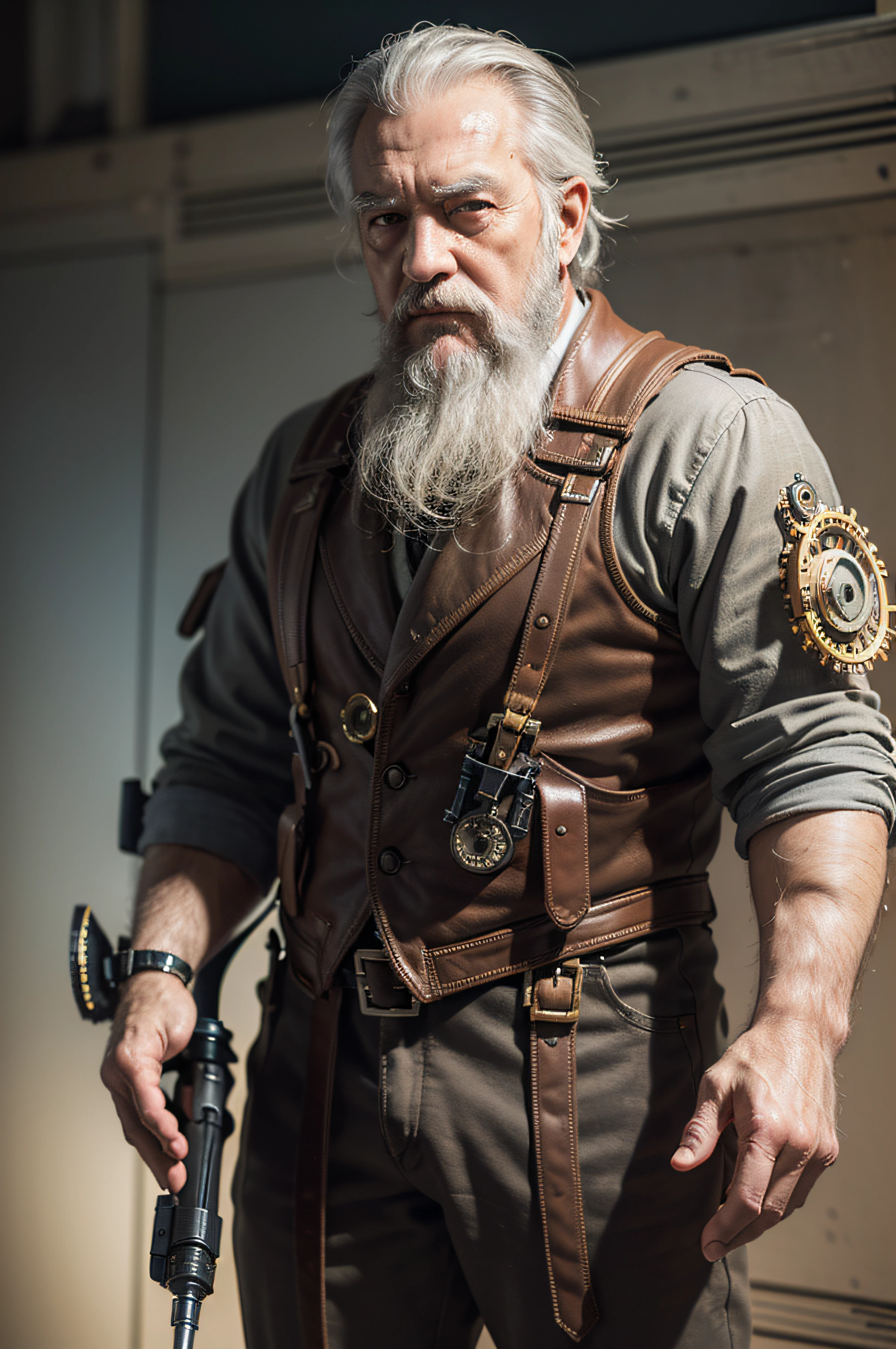 ((Masterpiece))), ((Best Quality))), ((Ultra Detailed)), (Surreal), (Highly Detailed CG Illustration), Cinematic Light, Realistic, Handsome Old Man, (Wrinkled Face and Beard), Intricate Details, Full View, Weapon, Robotic Arm, Cinematic Quality, Full Body, Short Black Hair, ((Steampunk))