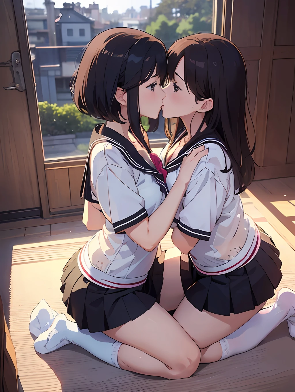 ​master piece,hyper quality, Hyper Detailed,Perfect drawing,nffsw,3D,8K,Two anime beautiful girls kissing while pressing their breasts against each other
Two beautiful girls from anime staring at each other from the front, Pushing each other's chests and hugging each other
Japanimation　Moe Anime Beautiful Girl　Kogal　Brown skin　Loose socks(Buggy socks:1.5)　gal make　a sailor suit　a miniskirt(0.8)　Luxury underwear、I can see my panties、Bedrooms、indirect lighting、Night view outside the window、beatiful backgrounds、Detailed drawing、Accurate drawing、clearface,Perfect illustration、