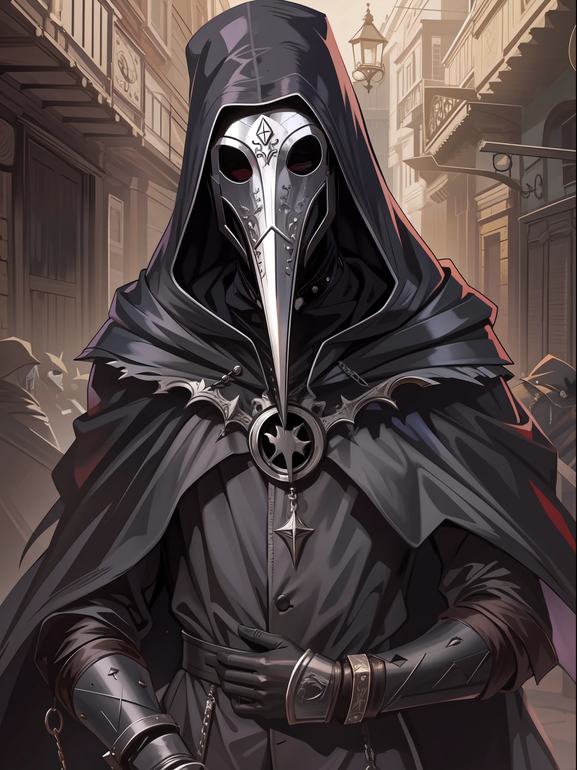 Desenho do jogo, Bubonic Plague Doctor Wearing Mask, Dark Gothic, expression serious, intensidade de close-up, master part, best quality, ultra-detalhado, Beautiful cinematic lighting, detalhes intrincados, Olhando para o Viewer, Profundidade de campo-AR 2:3-s 200