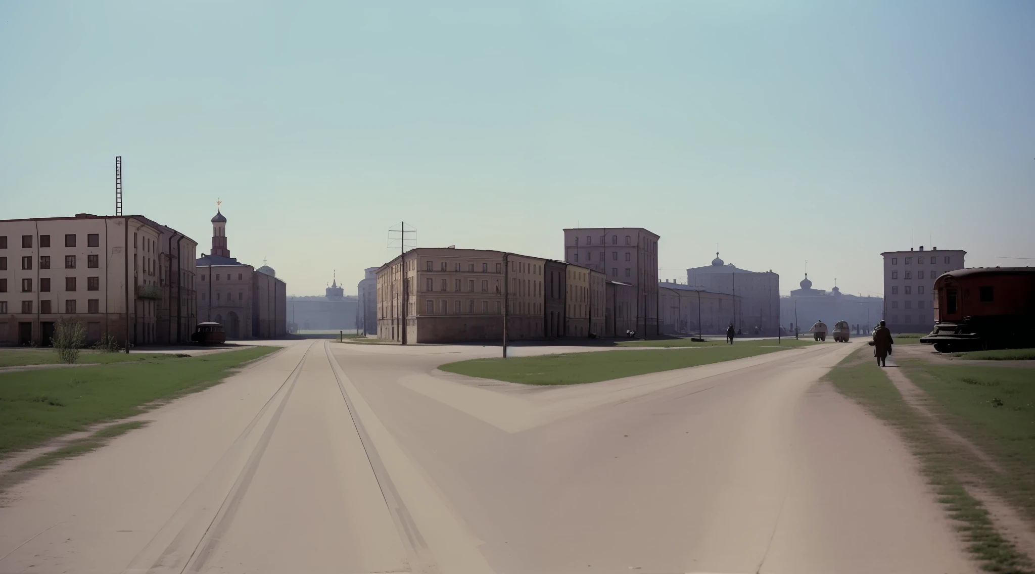 An empty provincial Soviet town, 1950s, Several medieval Russian buildings, Sett, tram