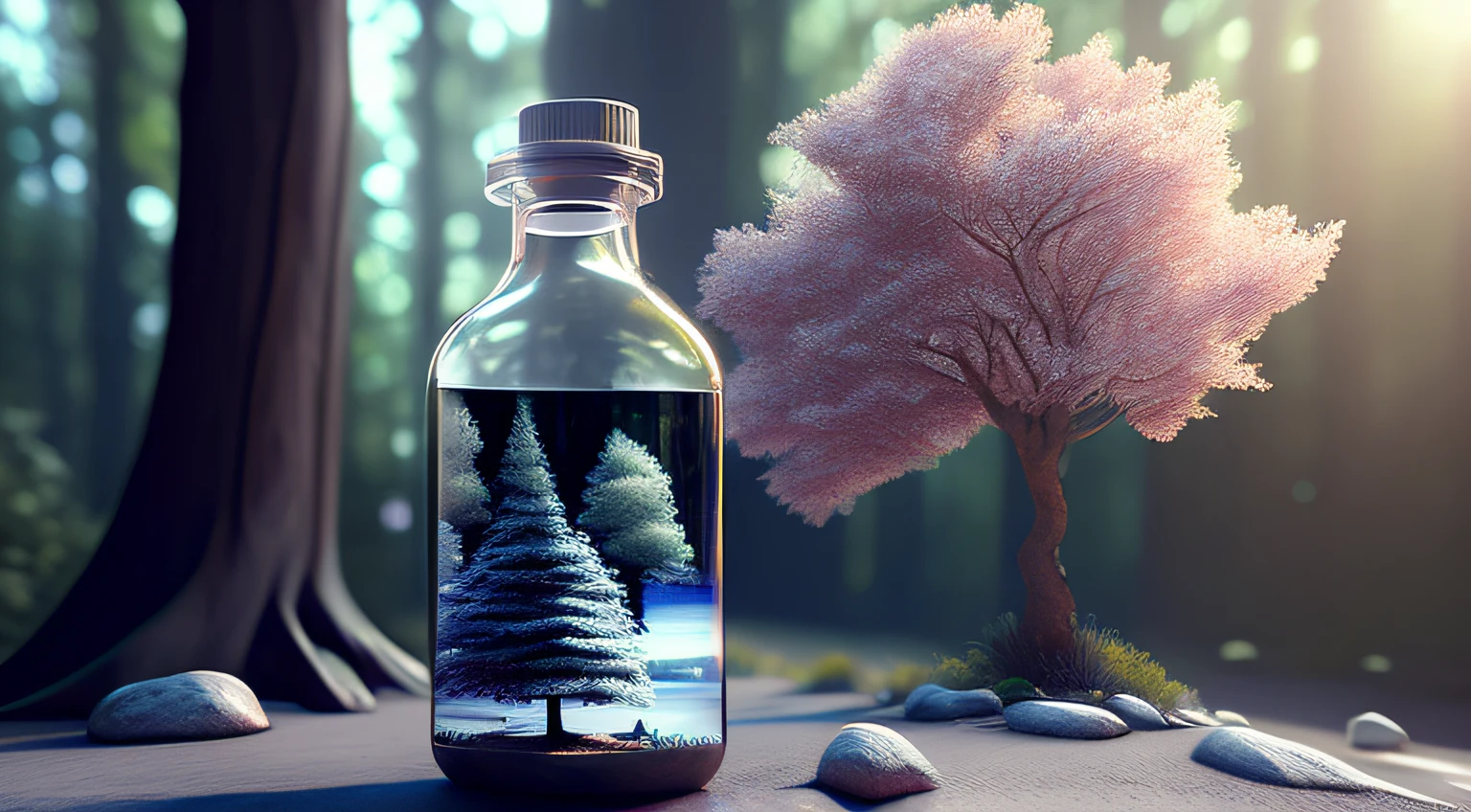 A dreamy tree of art in a bottle, fluffy, realistic, photographs, Canon, dreamy, artistic, brilliant leaves and branches, with flowers above my head. Greg Rutkowski's Ultra Detailed Photo Realism - H1024W 804 | F16 Lens Markers 2:2S 3555mm Film Particles: 1 Lifelike High Resolution Sharp Focus Contrast!! Intricate and detailed atmospheric refractive lighting of Unreal Engine 5 movie concept photography masterpiece Octane renders trends on CGSociety