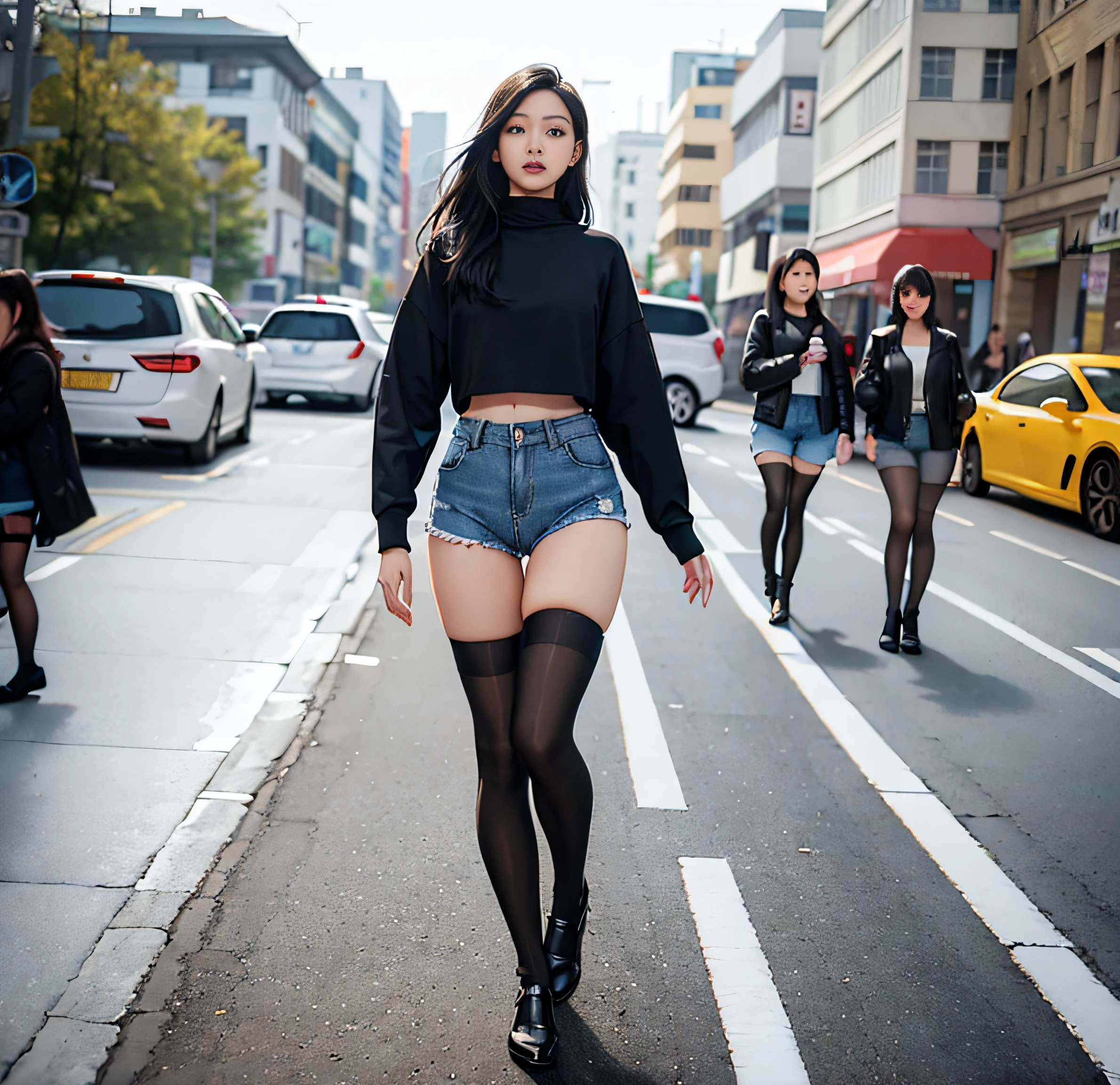 Alaf woman in tight shorts and tight stockings walking down the street, tights; in a street, pantyhose tights, hotpants, tights, tights, Wearing tight simple clothes, nylon tights, black extremely tight jeans, Slim legs, wearing denim short shorts, denim hot-pants, Wearing stockings, Wearing black shorts, Hot Pants, tight denim jeans
