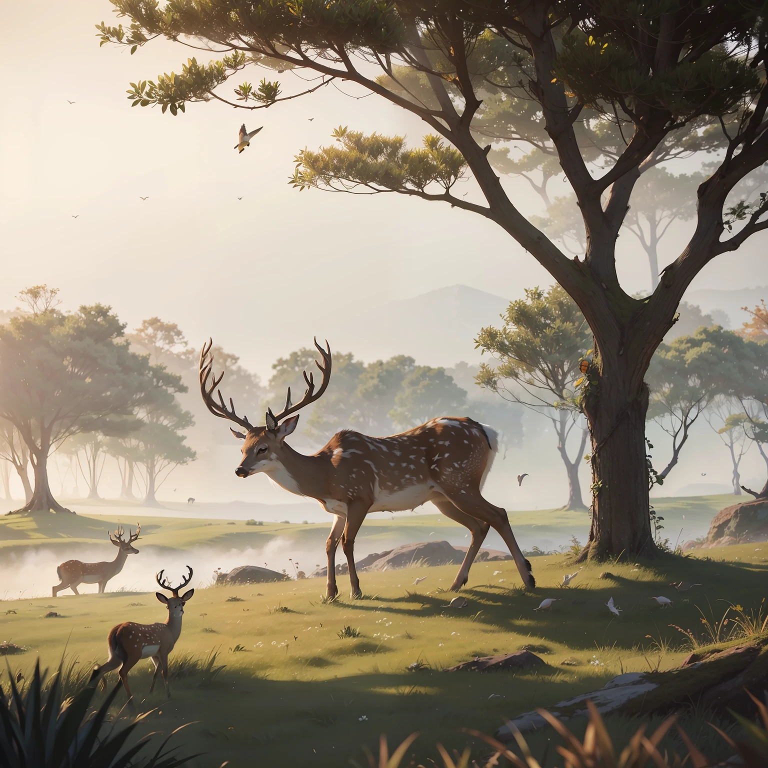 A BEAUTIFUL (1DEER) WITH WHITE ROUND SPOTS ON THIS BODY IS ROAMING HAPPILY ON THE OPEN GROUND, (VEGETATION:1.2), (MIST:0.8), (DEW DROPS:0.6), ((HAZE)), COLOURFUL BIRDS FLYING AROUND, HIGHLY DETAILED DEER, HIGHLY DETAILED VEGETATION, DETAILED SURROUNDING, ((NATURE:1.6)), BIRDS CHIRPING, RAYTRACING, RTX, UNREAL ENGINE 5