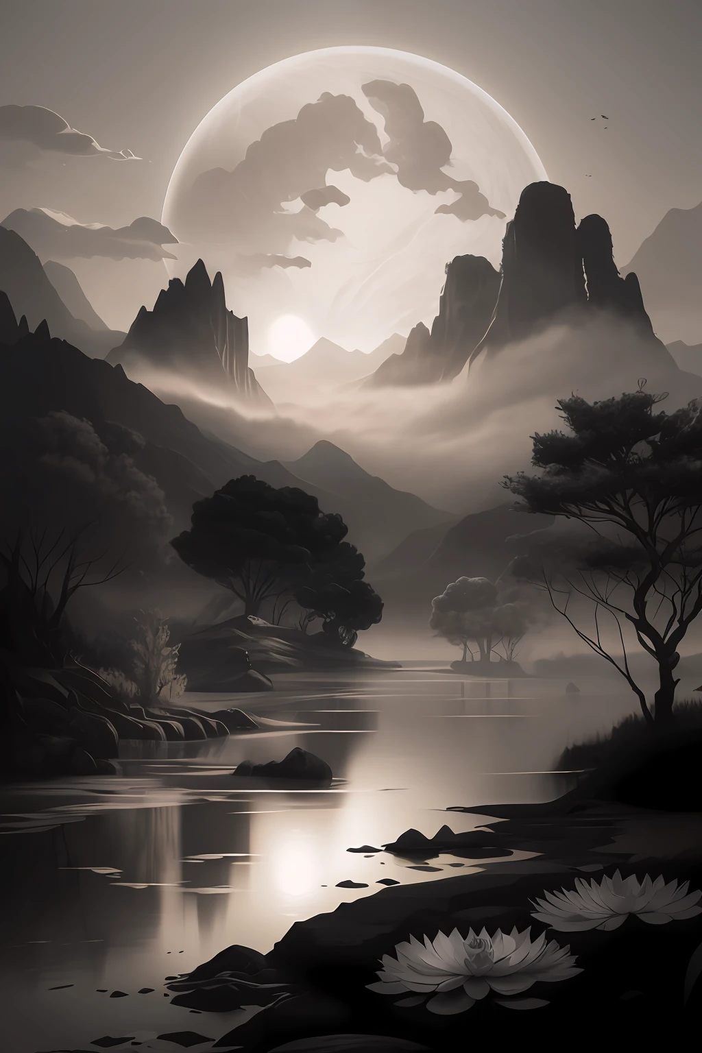 There is a black and white painting of mountain views, matte digital painting, ethereal landscape, Illustration matte painting, detailed matte fantasy painting, fantasy digital painting, Fantasy landscape painting, Matte fantasy painting, Digital fantasy painting, Detailed painting 4 K, detailed dreamscape, 4 k digital painting, 4k digital painting, dreamlike digital painting, Detailed digital painting