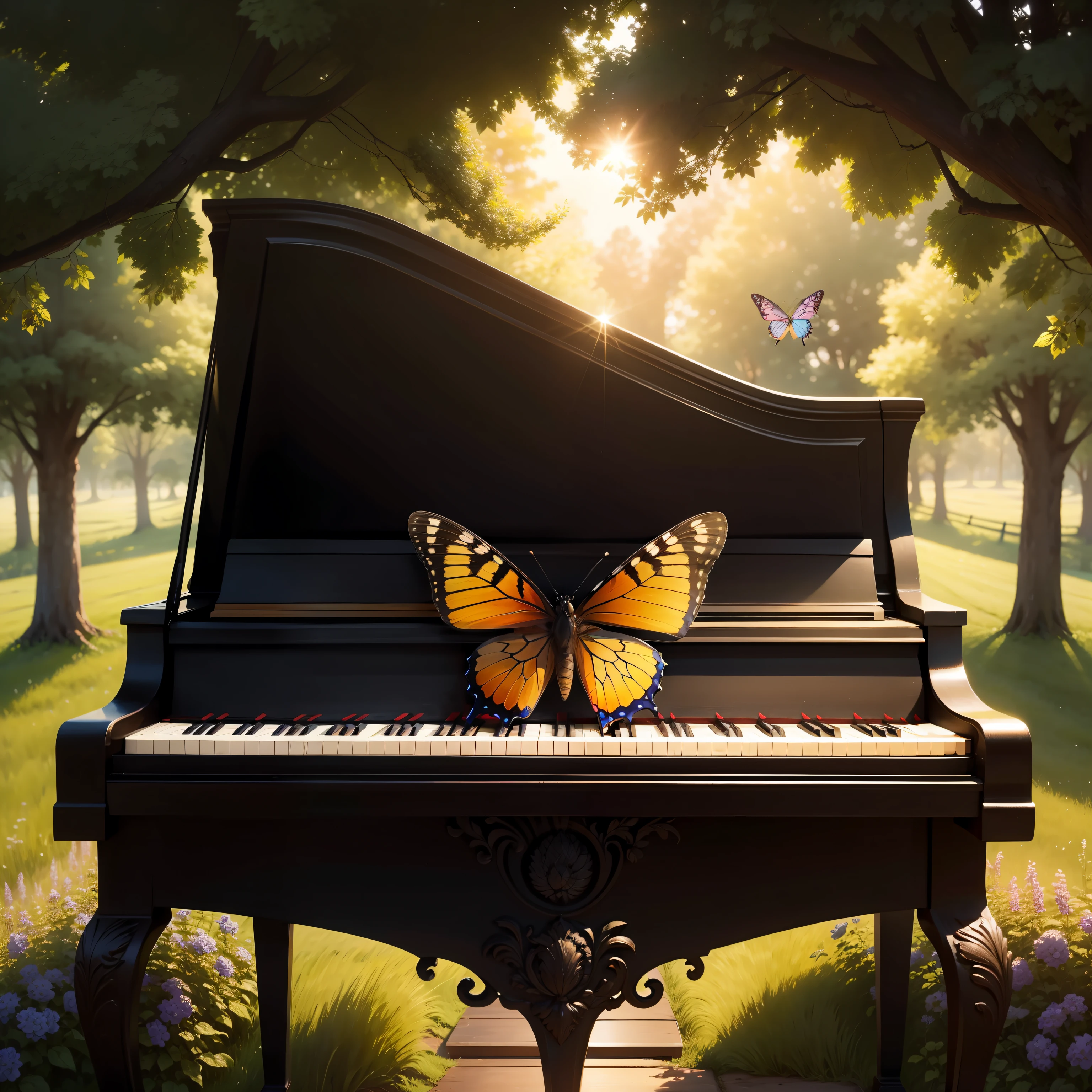 There is a butterfly resting on the upright piano,Surroundings, rural fields,Close-up view of the piano,3Drenderingof,Ultra-realistic afternoon sun,Super beautiful composition,photo realistic style