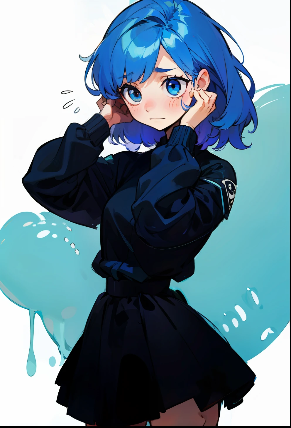 Blue hair, single hair, 1 girl in, shy expression