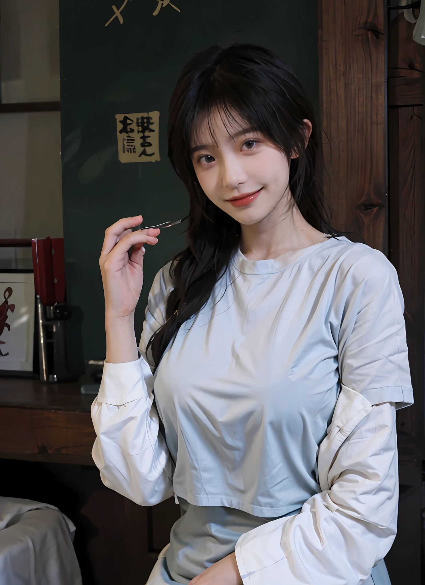best qualtiy,tmasterpiece,超高分辨率,(realisticlying:1.4),1girll,Raised sexy,Beautiful woman with slender abs:1.3, (Casual hairstyle, huge tit:1.2), shift dresses:1.1, Ultra-fine face, A detailed eye, 二重まぶた,ssmile,Home,Focus