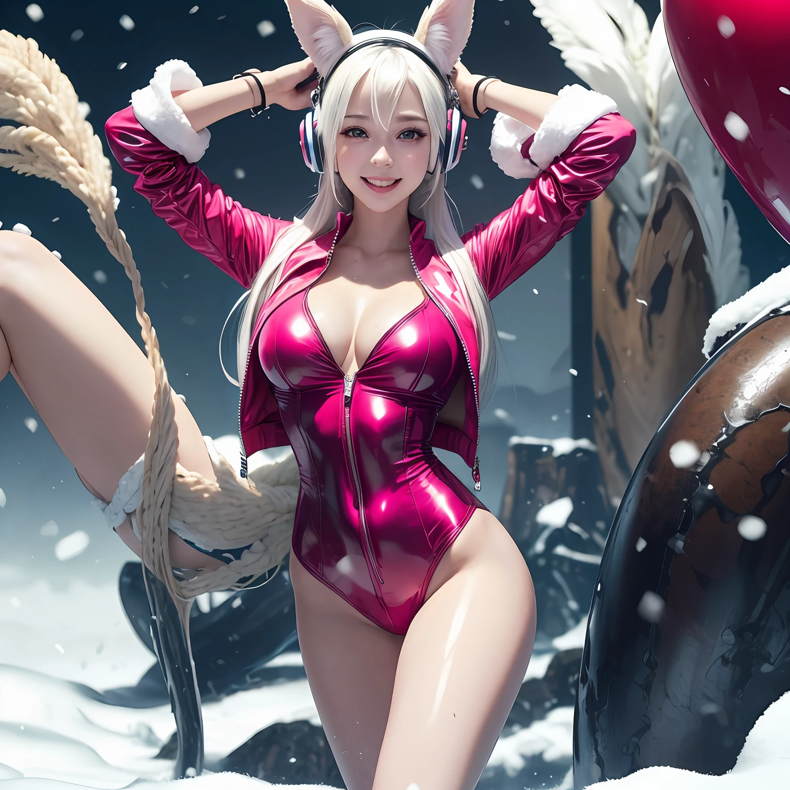 (RAW photo, best quality, masterpiece:1.2), (realistic, photo-realistic:1.4),(masterpiece:1.4),(best quality:1.4),1girl, solo, :d, animal ear headphones, animal ears, arms up, bangs, blush, bodysuit, breasts, bunny pose, clothes writing, covered navel, cowboy shot, cropped jacket, fake animal ears, gloves, outdoor,morning,snow, hair intakes, headphones, impossible bodysuit, impossible clothes, jacket, large breasts, latex, latex bodysuit, long hair, long sleeves, looking at viewer, large breasts, multicolored gloves, open mouth, pink bodysuit, pink eyes, red eyes, red jacket, shiny clothes, shrug \(clothing\), sidelocks, skin tight, smile, thigh gap, thighs, twintails, very long hair, white gloves, white hair,alice \(nikke\),(shiny skin),realistic, --auto