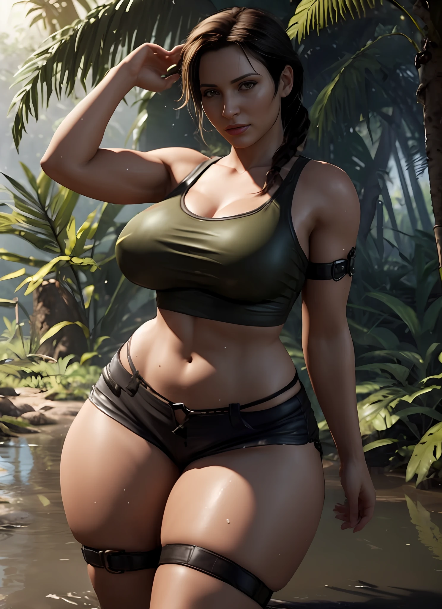 Woman in bikini and leather shorts standing on the river, muscular sweat lara croft, Chic, gorgeous jungle ranger, Thick jungle, thick body, in jungle, lara croft relaxing, thicc build, in the jungle, Photorealistic perfect body, lara croft relaxing, perfectly shaded body, Tomb Raider Beautiful, Sexy hot body, adventure hyper realistic render, sweaty 4 k