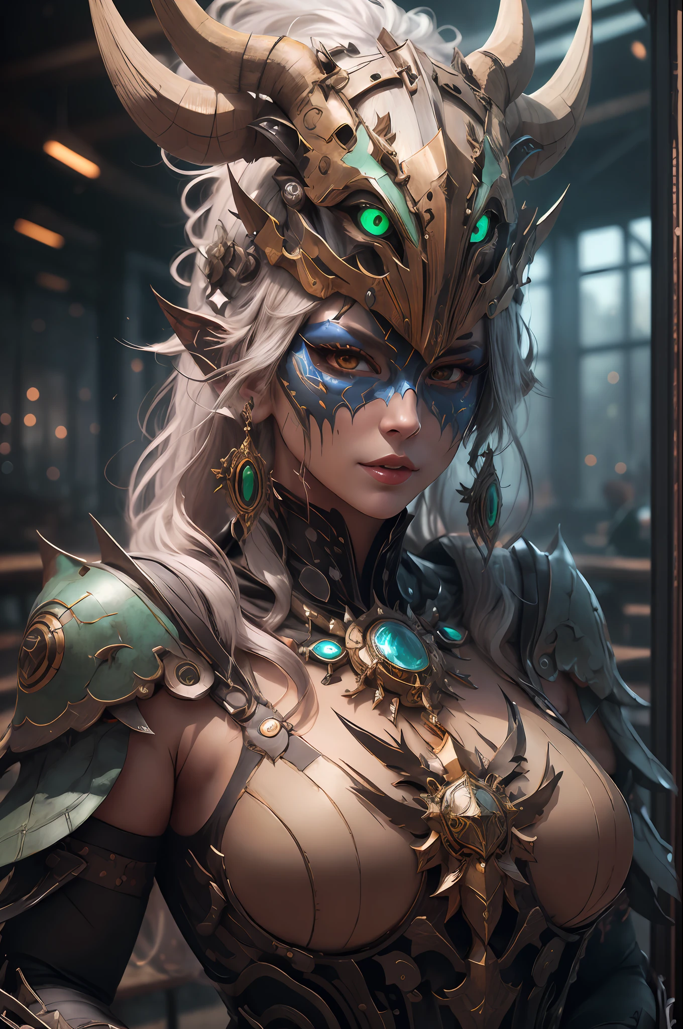 sh4g0d,
Beautiful girl shaman, wearing mask made of wood, portrait, standing in an s-shape, green ringlets, sexy breast, 4k , great details and colours