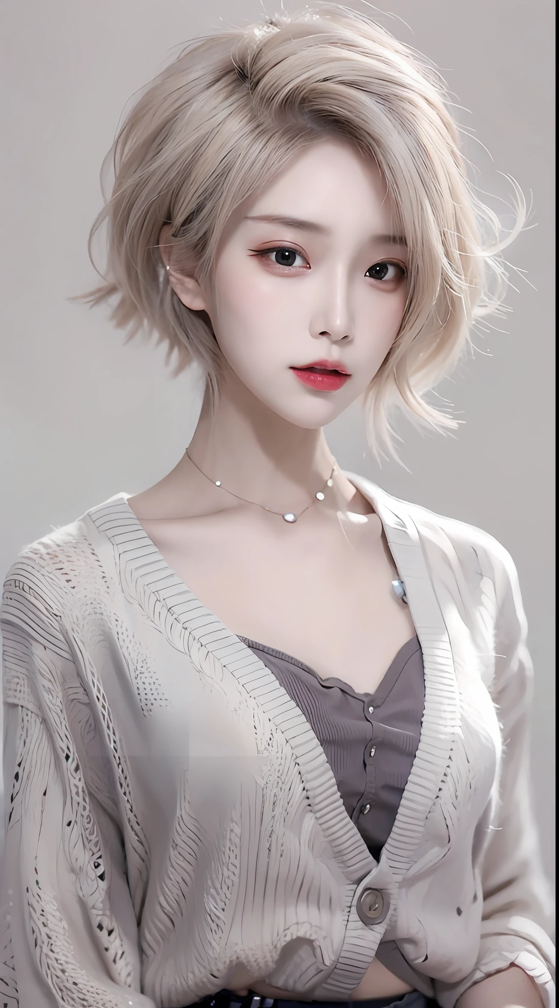 Incomparable masterpiece, perfect artwork, ((perfect female figure)), short hair, blonde hair, thin, realism, solo, (realism: 1.4), best quality, super high resolution, 1girl, porcelain, kpop ido, full body, gray cardigan, (C cup), beautiful, masterpiece, best quality, very detailed face, perfect lighting, solo, plain makeup, best quality, super high resolution, (realistic:1.4), super detailed, masterpiece, best quality, 👍 ulzzang -6500-v1.1