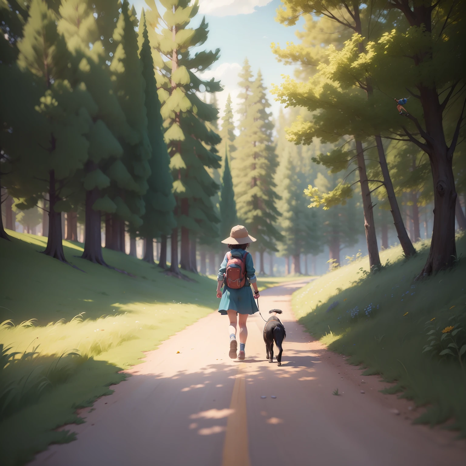 cartoon girl walking with a dog on a trail in a field, small character. unreal engine 5, animation style render, atey ghailan 8 k, childrens art in artstation, adventure hyper realistic render, adorable digital painting, cute 3 d render, cute detailed digital art, female explorer mini cute girl, inspired by Atey Ghailan