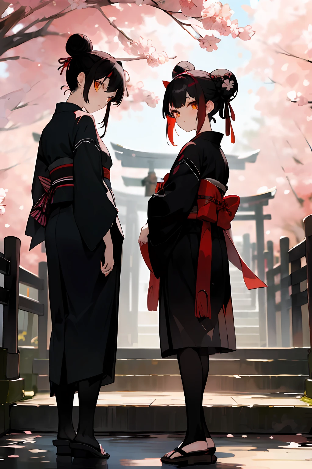 ((masterpiece,best quality)),2girls, black kimono, black legwear, black ribbon, black hair, cherry blossoms, day, flower, hair bun, hair ribbon, japanese clothes, kimono, long hair, looking at viewer, looking back, multiple girls, obi, outdoors, red eyes, red hair, ribbon, sandals, single hair bun, stairs, standing, statue, torii, tree, white kimono, yellow eyes