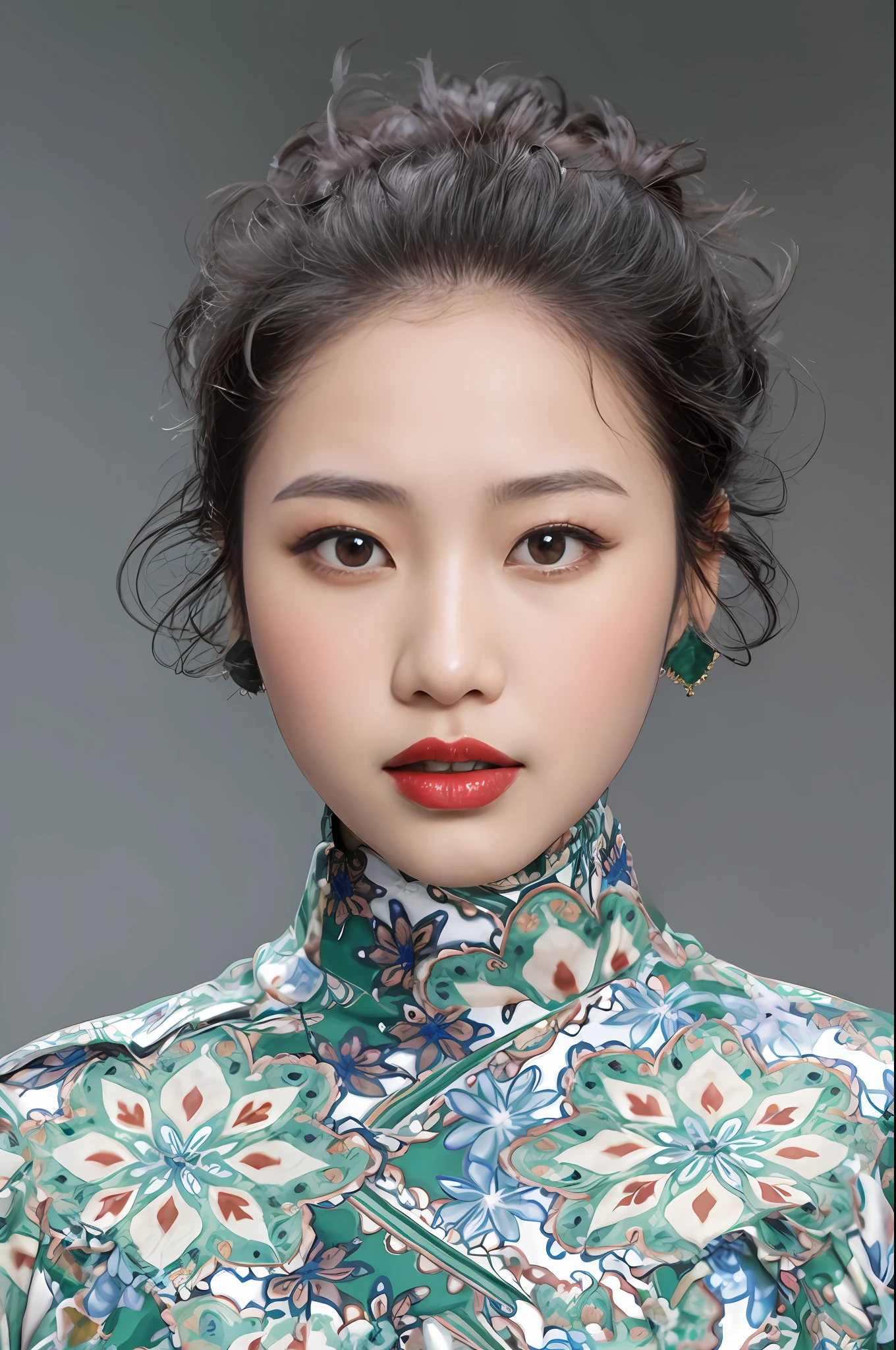 There was a woman wearing red lipstick and a green floral shirt, Chinese woman, inspired by Zhang Yin, An Asian woman, A young Asian woman, Beautiful young Asian woman, asian beautiful face, Beautiful asian woman, Beautiful oriental woman, gorgeous chinese models, mai anh tran, Young Asian woman, Portrait image, Inspired by Gao Qipei, vietnamese woman