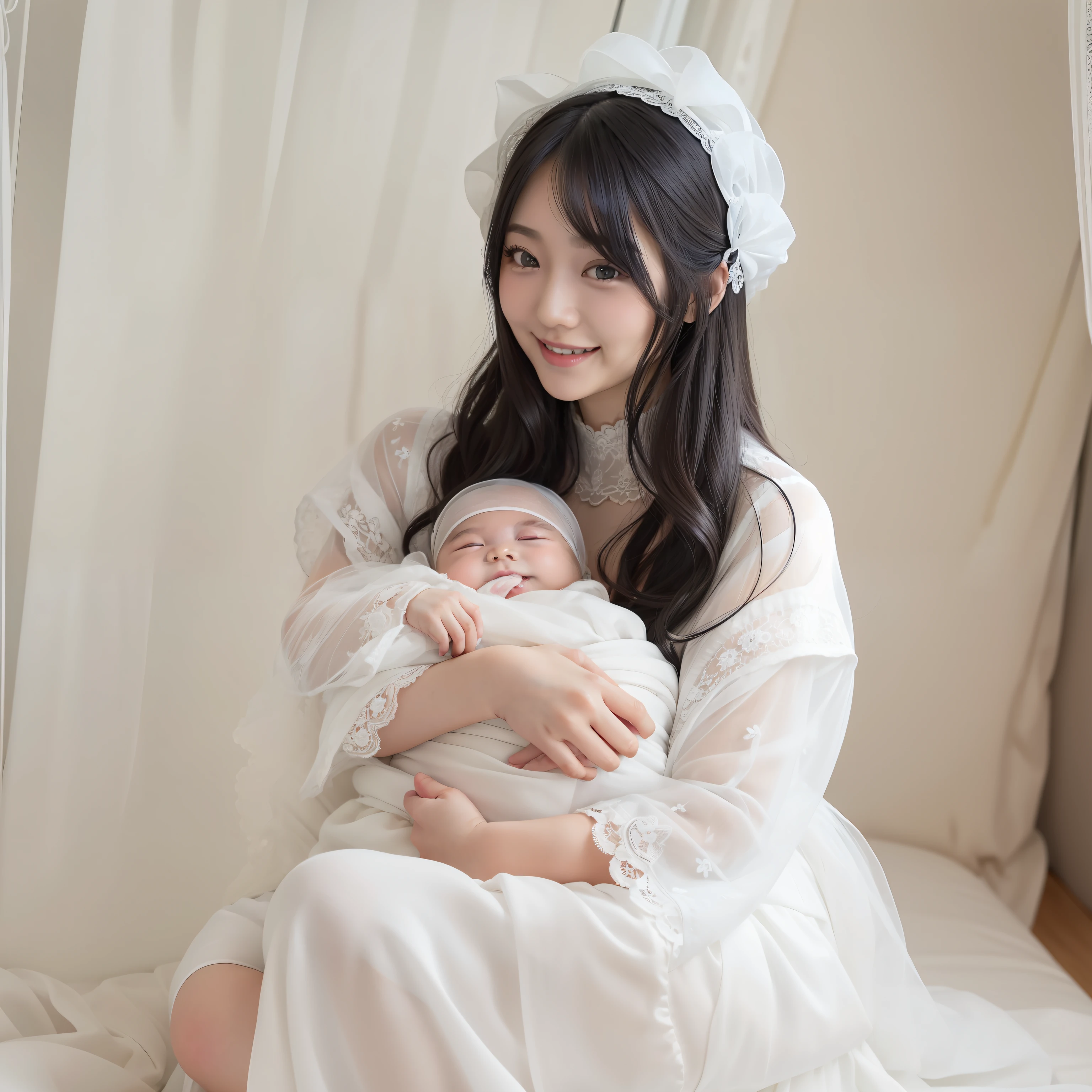 Young Japan Beauty 1、Long black hair、a smile、Wearing a white long skirt dress with a lace collar、Wearing a white lace hat、After birth3Japan months old baby in her arms、