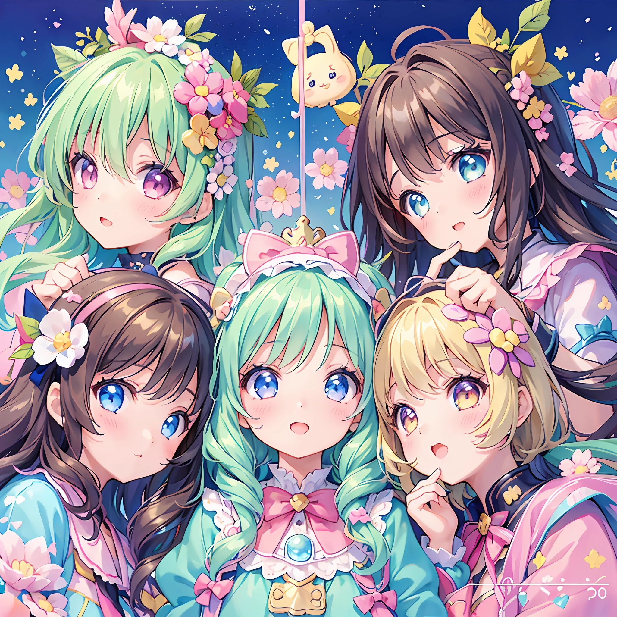 masterpiece, (2girls and 2girls and 2girls and 2girls), idol, closeup, big eyes, kawaiitech, kawaii, cute, pastel colors, best quality, happy, deep background, symmetrical, tilted head, spring, cover, title