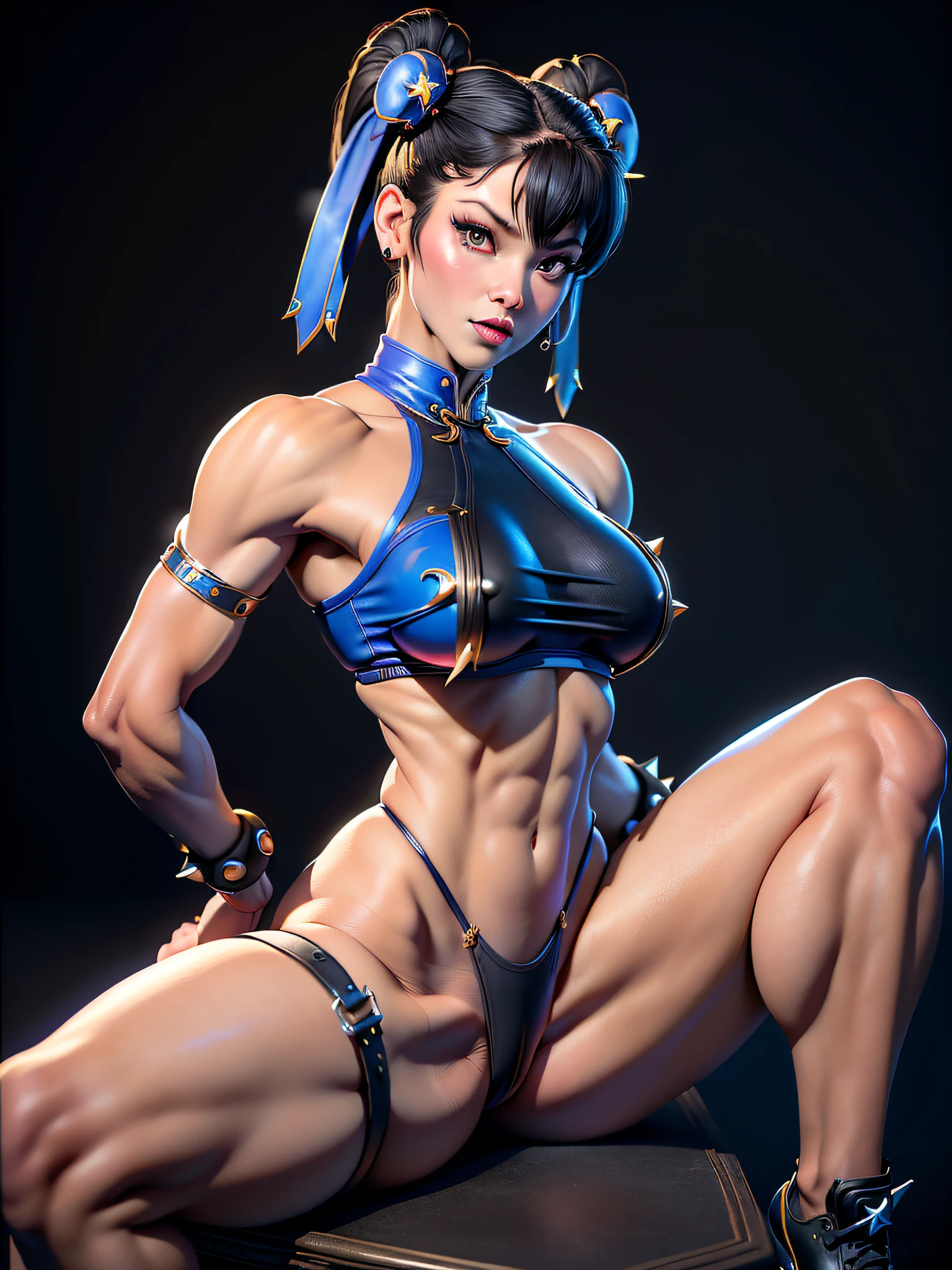 ((Best quality)), ((Masterpiece)), ((Realistic)) and ultra-detailed photography of a girl with goth colors. Chun- li, ((sat on the ground))((Split your legs)),((Chun- li)), dressed in (small black micro-thong, black micro-bikini:Star motif ) , ((Beautiful and aesthetic)), muscular fit body abs, Sexy, under-boobs, Hot, (Cream gradient background)
