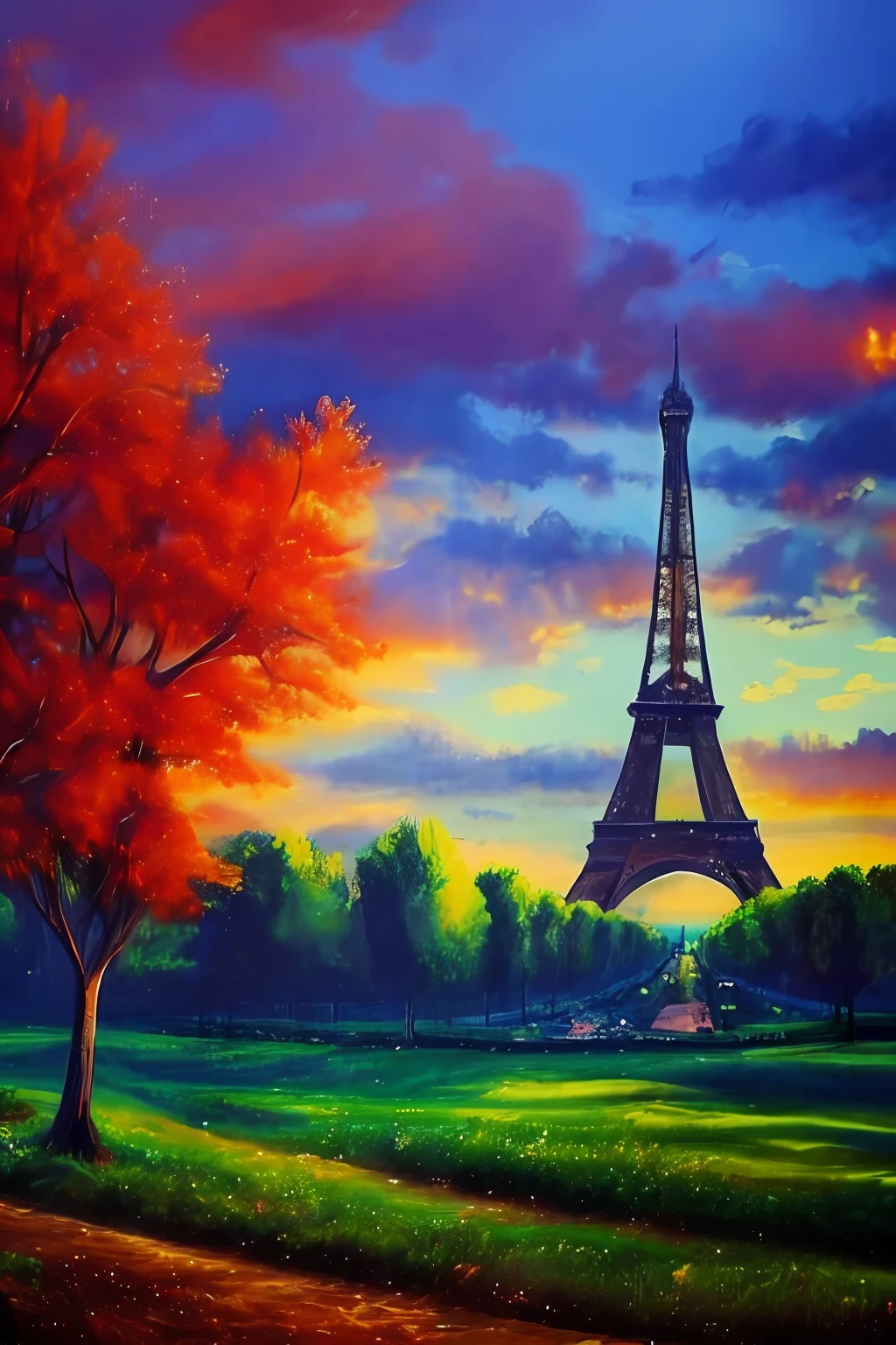 Oil painting of the Eiffel Tower, Highly detailed, Best quality, 8K,ModelShoot style, Dramatic lighting, rule of third