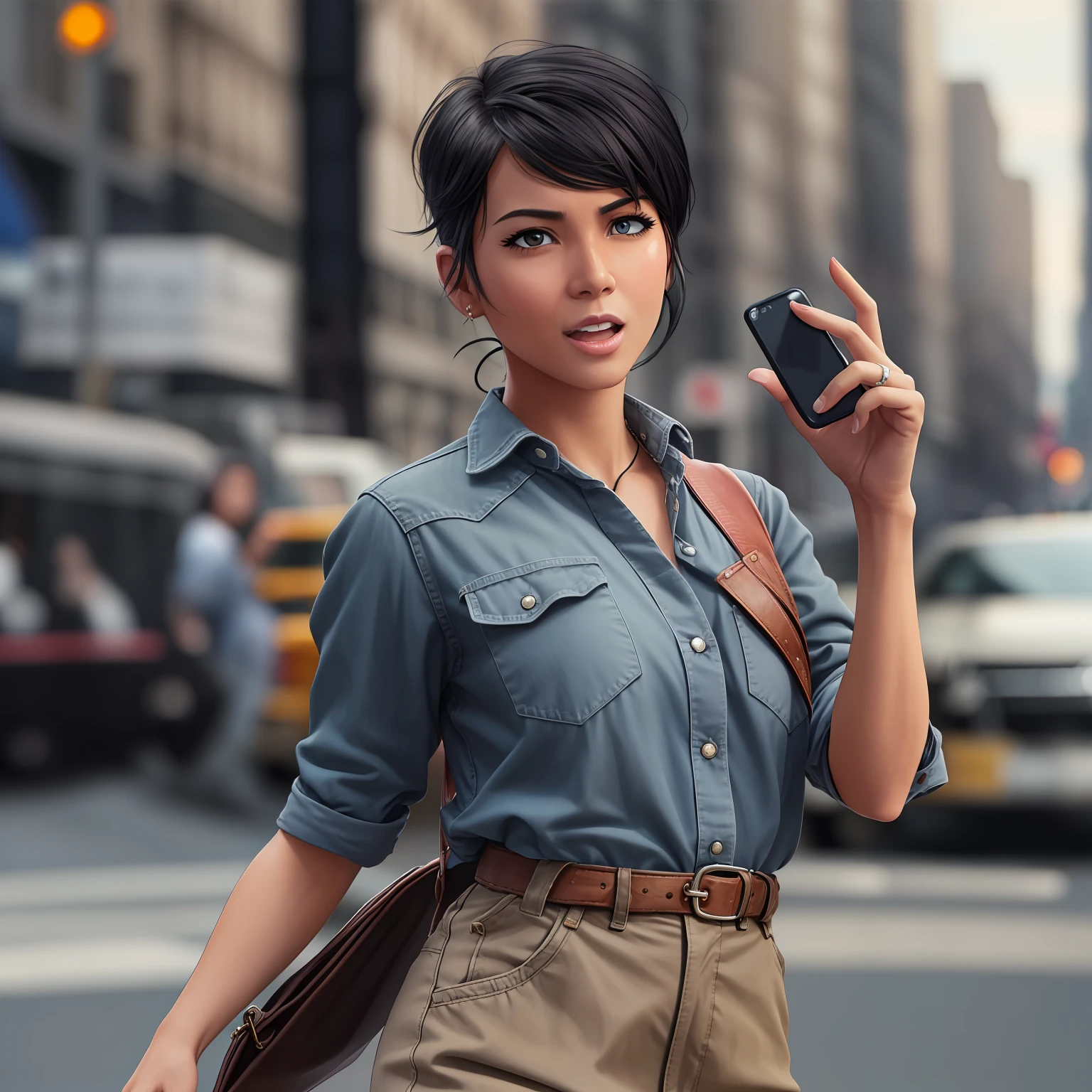 western woman, worker, black short hair, energetic face, precise eyes, walking on the new york street, hanging a cellphone, pointing at left side, looking at left side