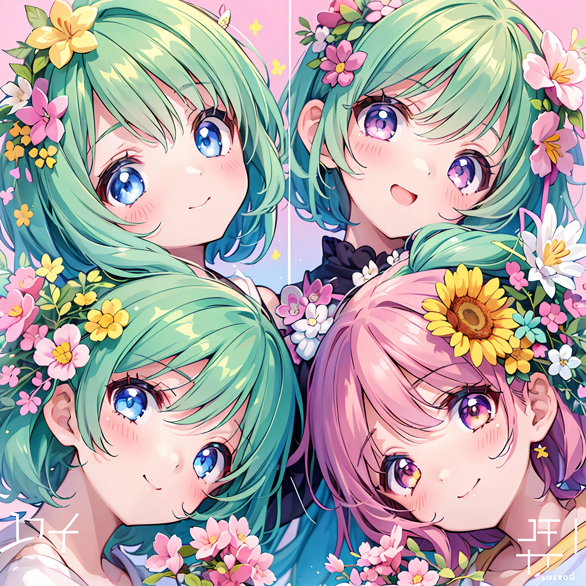 masterpiece, (2girls and 2girls and 2girls and 2girls), idol, closeup, big eyes, kawaiitech, kawaii, cute, pastel colors, best quality, happy, deep background, symmetrical, tilted head, spring, cover, title