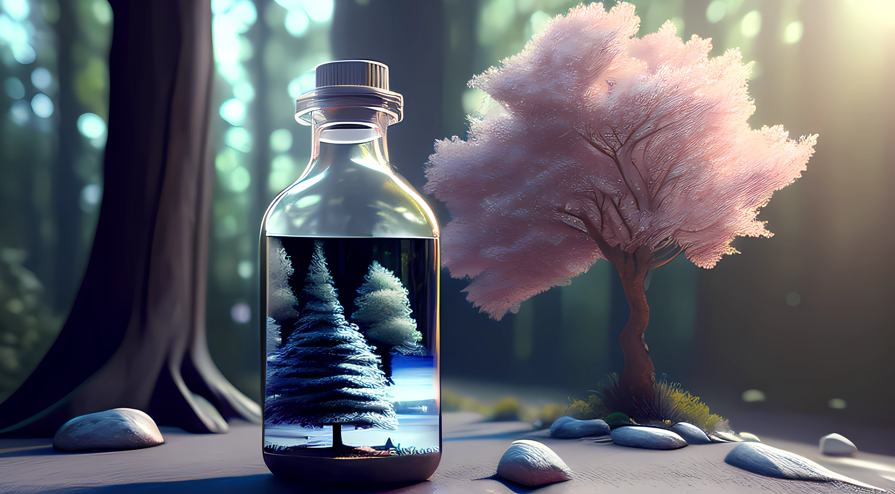 A dreamy tree of art in a bottle, fluffy, realistic, photographs, Canon, dreamy, artistic, brilliant leaves and branches, with flowers above my head. Greg Rutkowski's Ultra Detailed Photo Realism - H1024W 804 | F16 Lens Markers 2:2S 3555mm Film Particles: 1 Lifelike High Resolution Sharp Focus Contrast!! Intricate and detailed atmospheric refractive lighting of Unreal Engine 5 movie concept photography masterpiece Octane renders trends on CGSociety