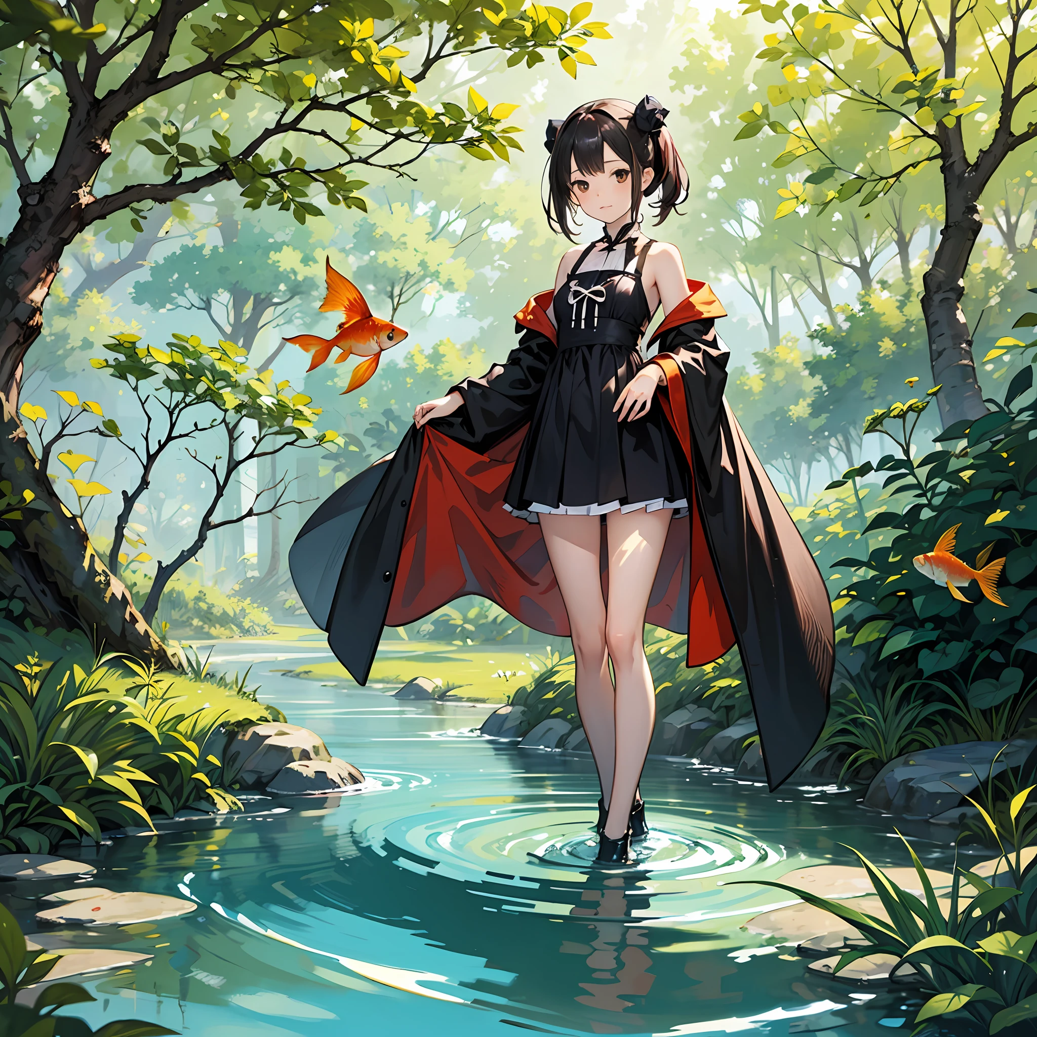 nature scenes,The girl who was secretly photographed,steins,sapling,small stream,Swimming goldfish,Birds on branches,rays of sunshine